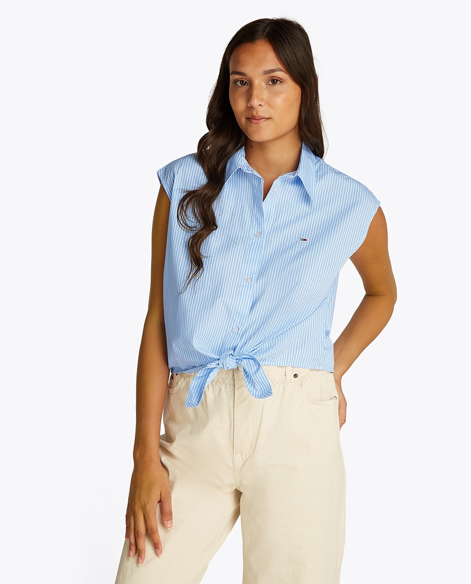 Camisa de Popelina com Desenho às Riscas e sem Mangas Azul-claro-1