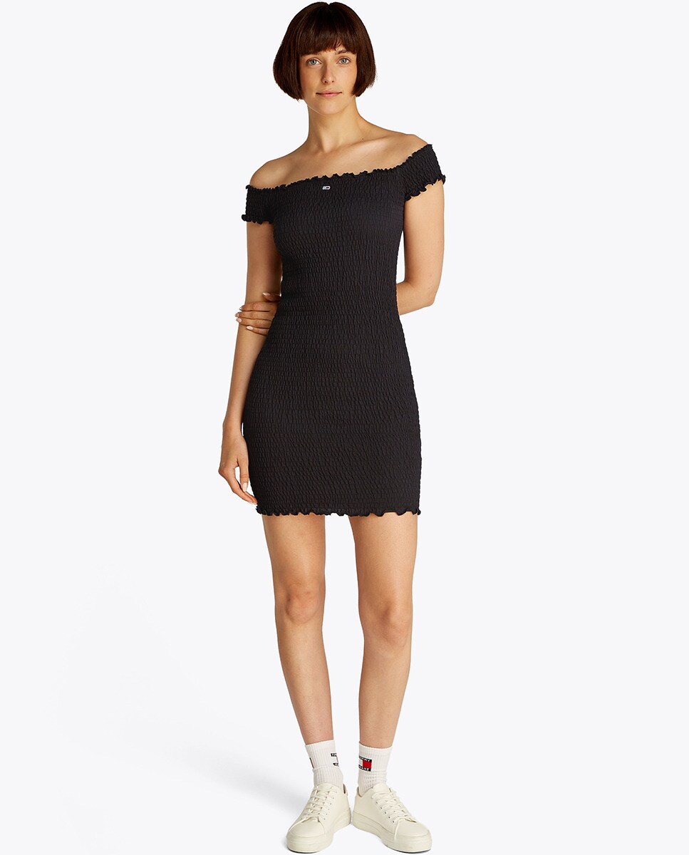 Mini Vestido Smock com Gola Cisne Preto-2