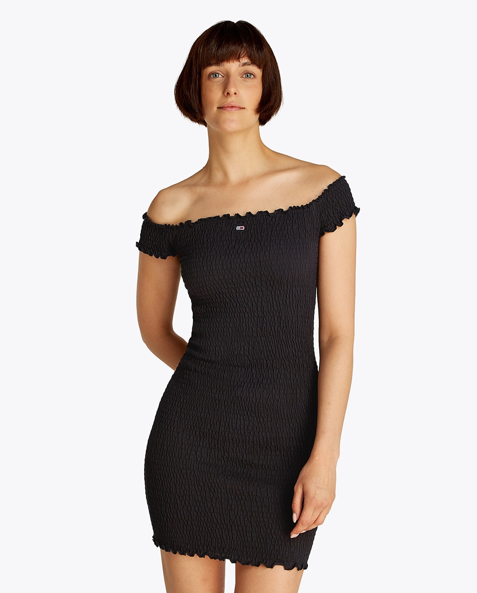 Mini Vestido Smock com Gola Cisne Preto-1