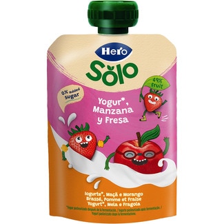bolsita de yogur de manzana y fresa sin gluten desde 12 meses 100 g 0% azúcares añadidos - Hero Solo