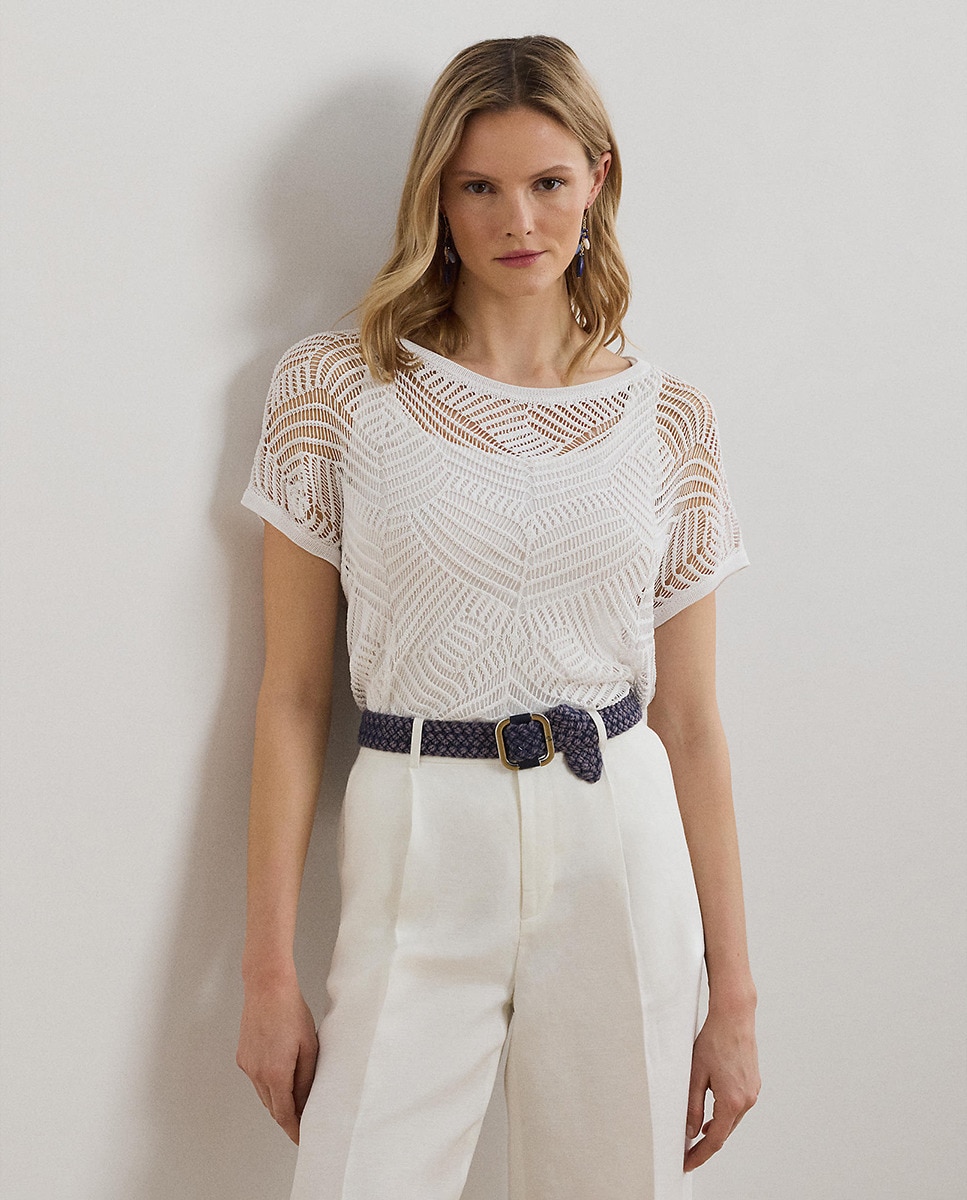 Camisola de Malha Semi Transparente com Manga Curta Branco-1