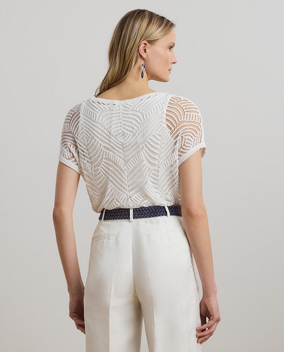 Camisola de Malha Semi Transparente com Manga Curta Branco-3