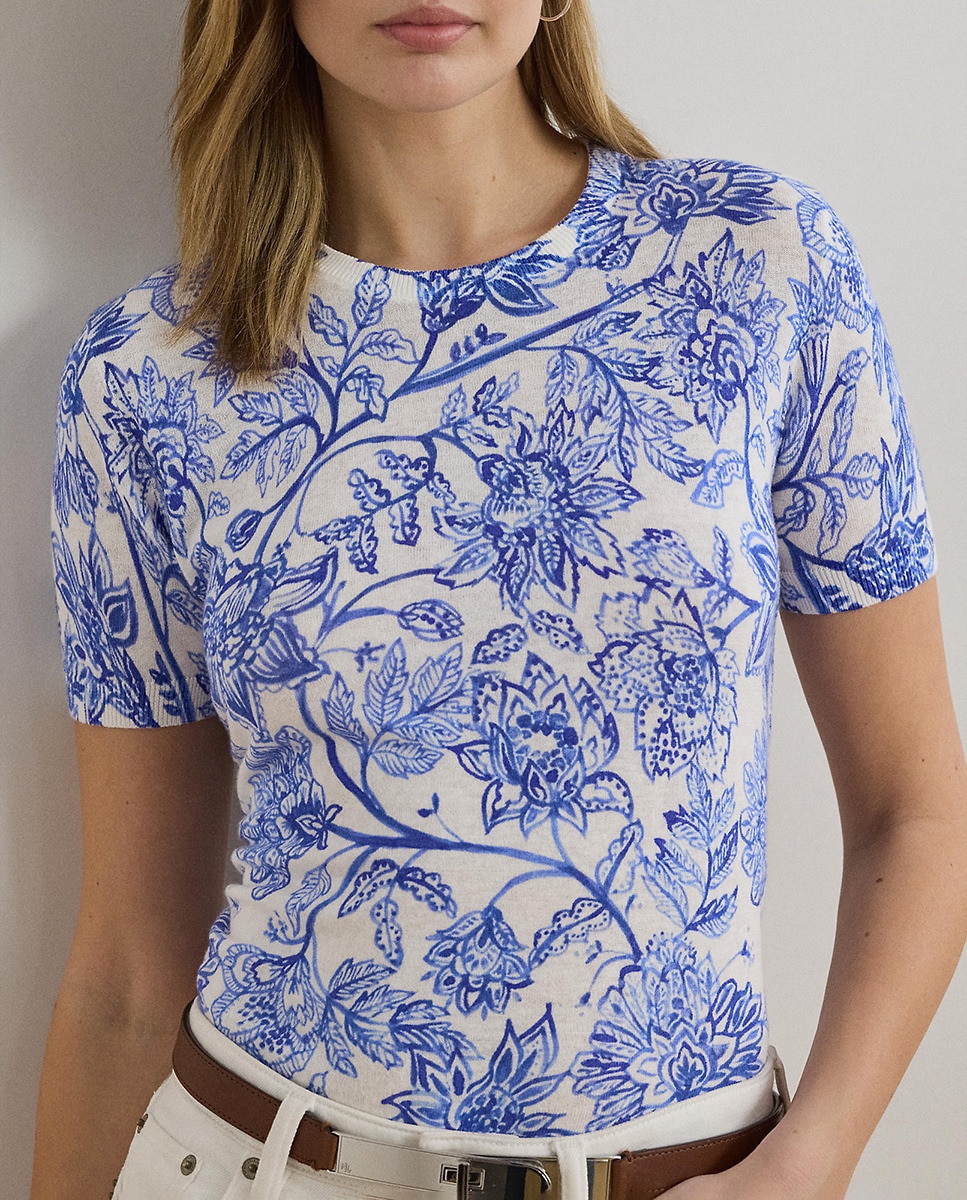 Camisola de malha estampada com manga curta Branco-4