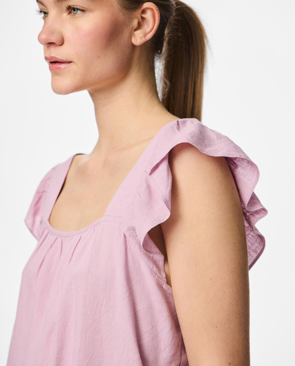 Top de Alças de Linho com Folho Rosa-4