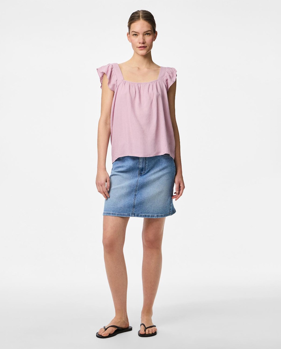 Top de Alças de Linho com Folho Rosa-2