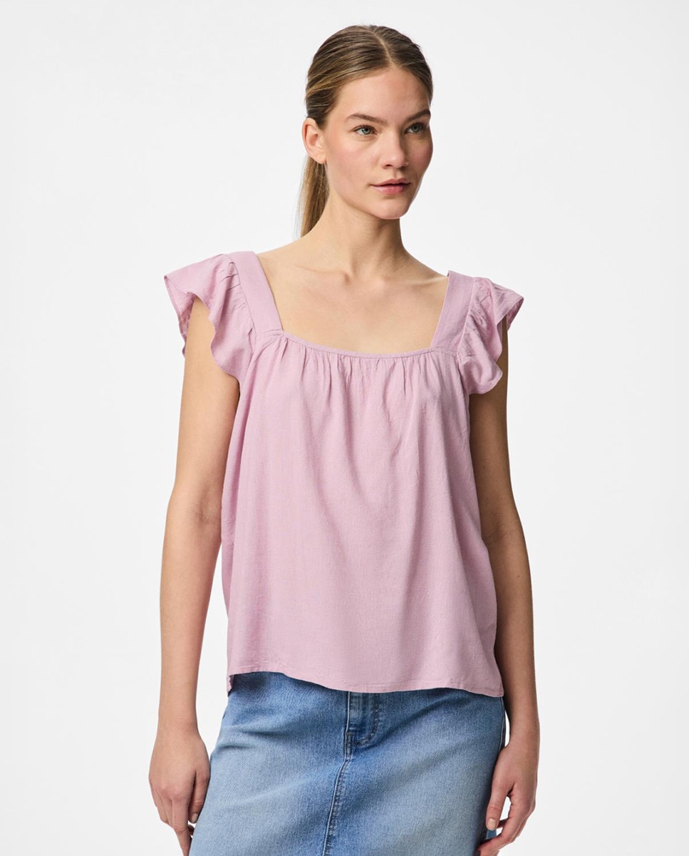 Top de Alças de Linho com Folho Rosa-1