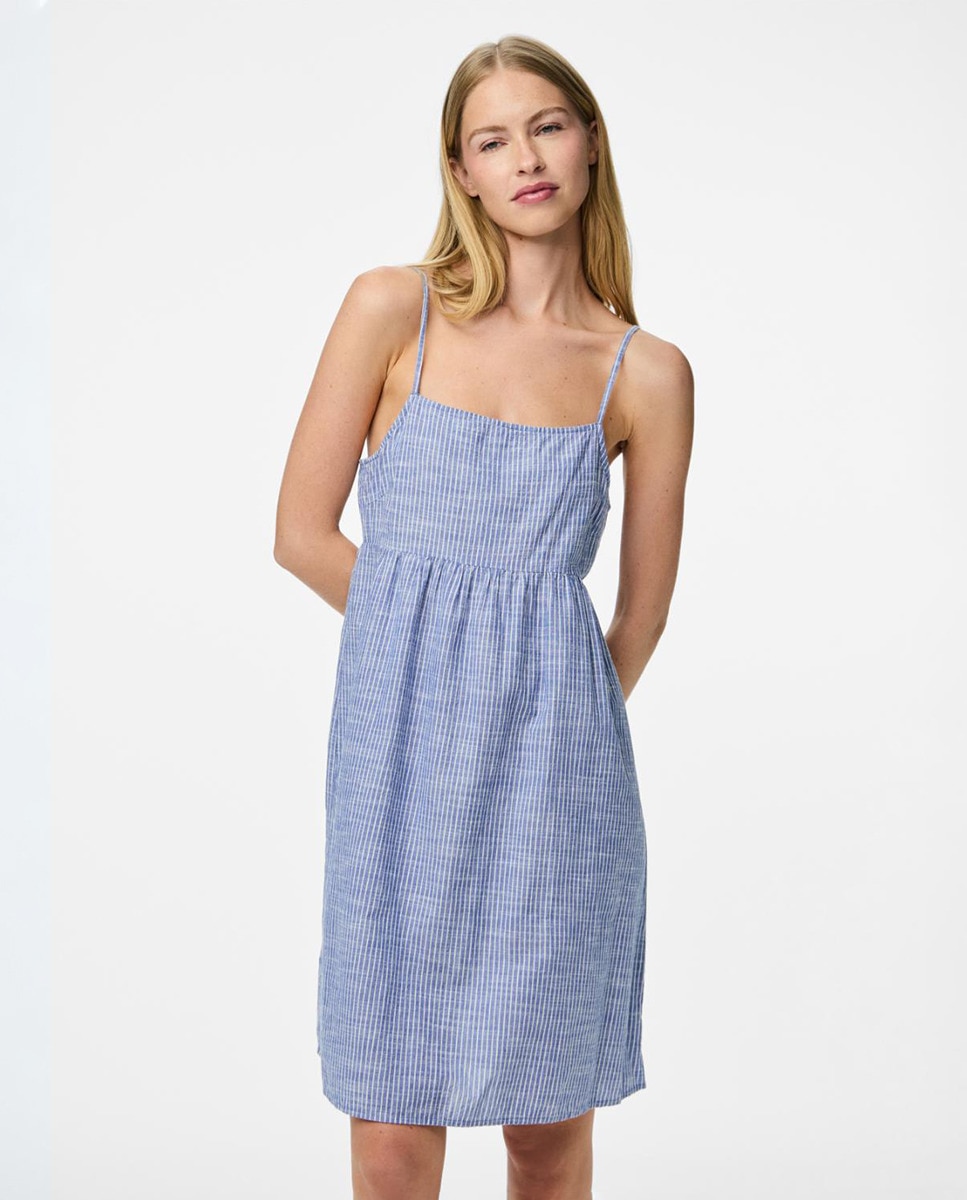 Vestido de Linho às Riscas Azul-claro-1