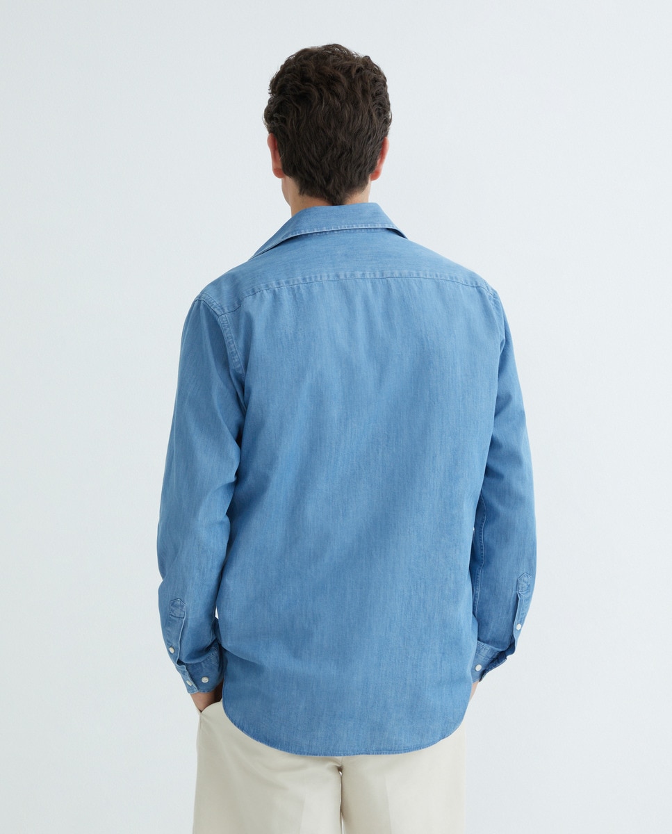 Camisa Casual de Manga Comprida e em Ganga Azul-3
