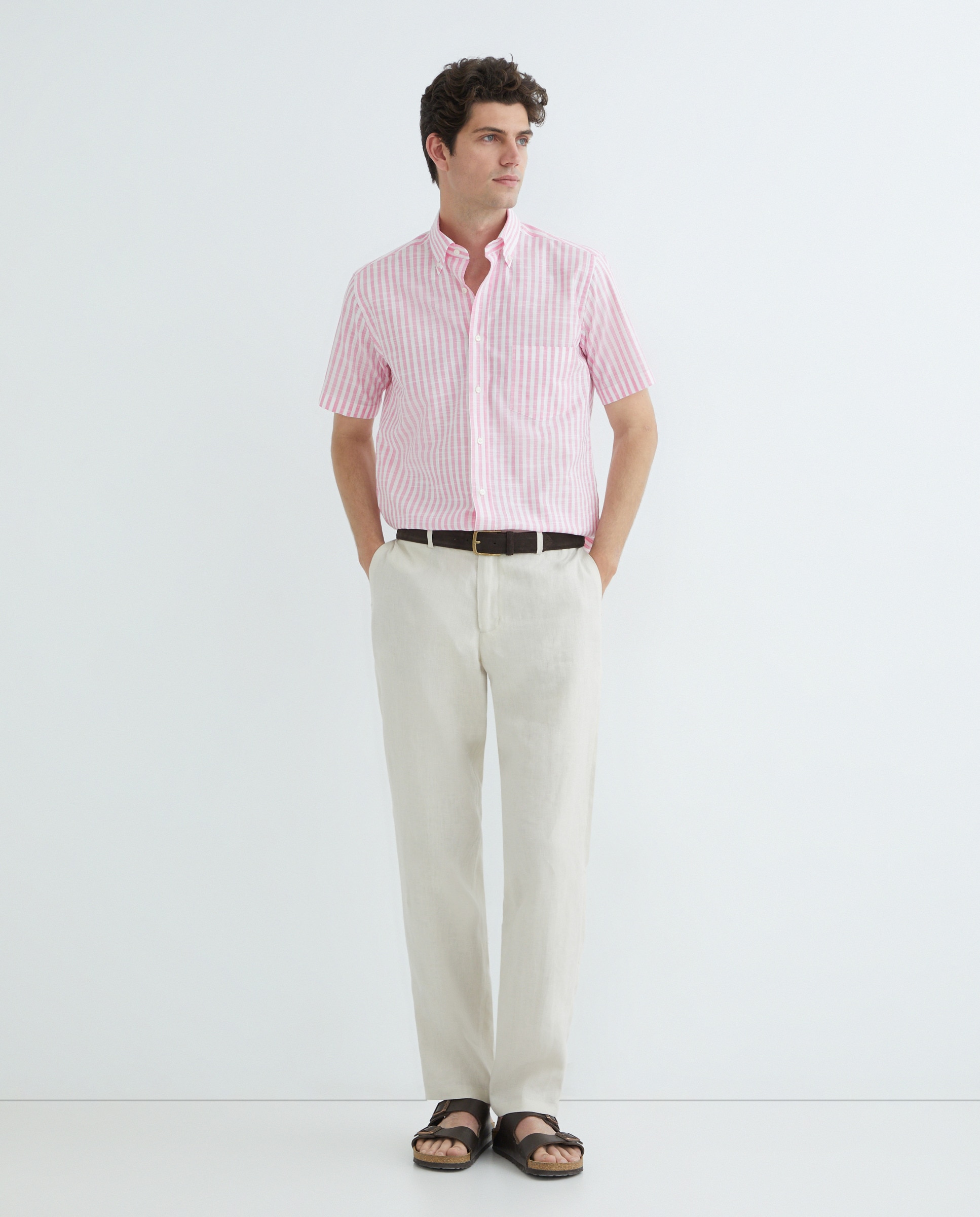 Camisa Casual às Riscas com Manga Curta Tamanhos Grandes Rosa-1