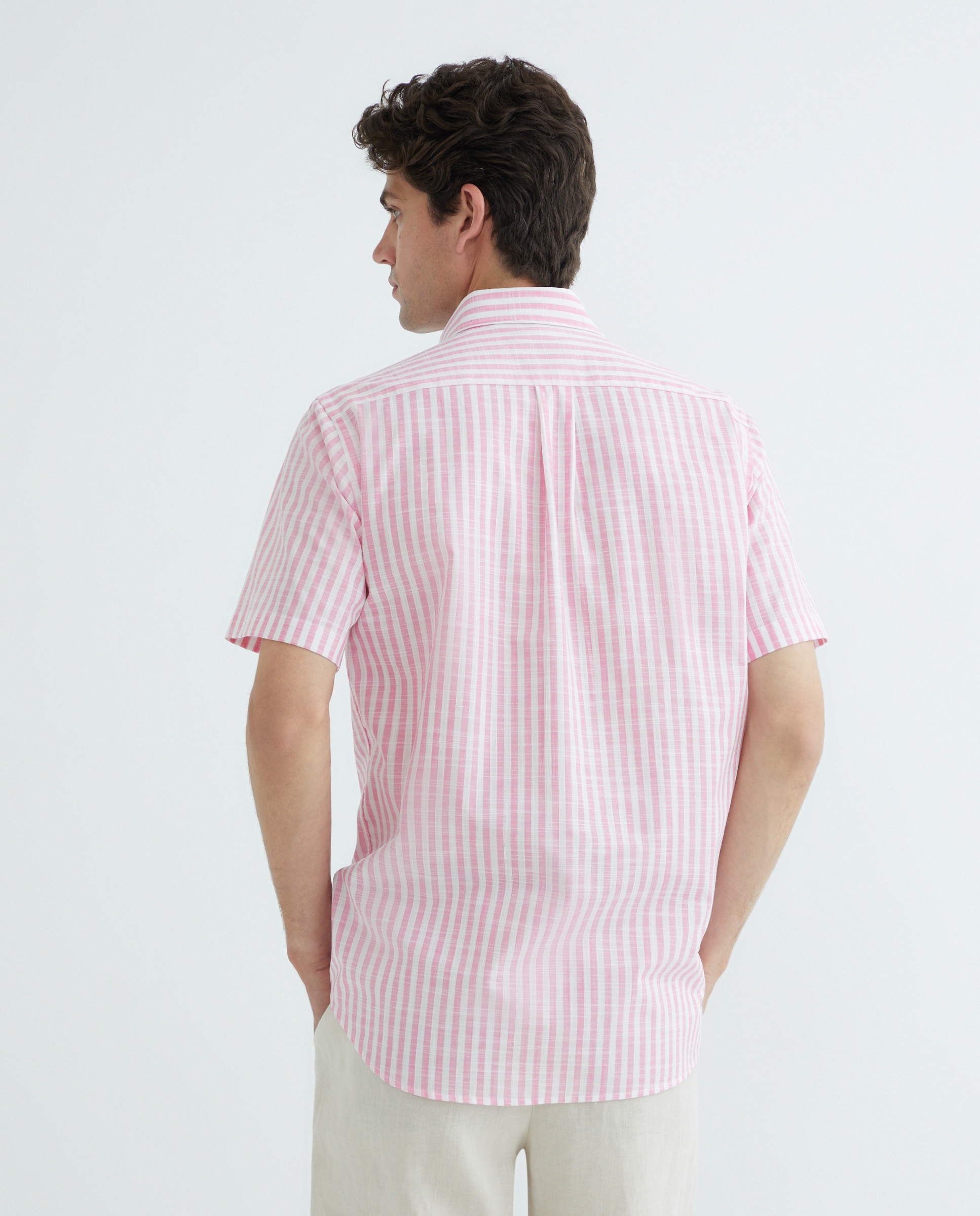Camisa Casual às Riscas com Manga Curta Tamanhos Grandes Rosa-3