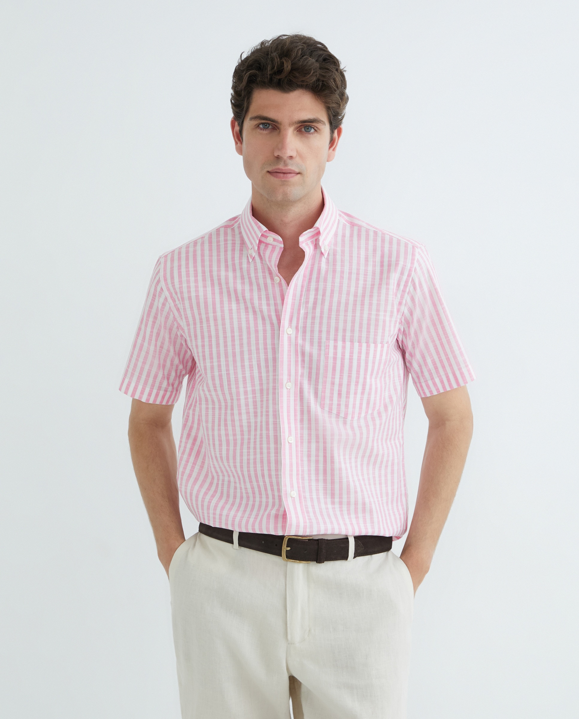 Camisa Casual às Riscas com Manga Curta Tamanhos Grandes Rosa-2