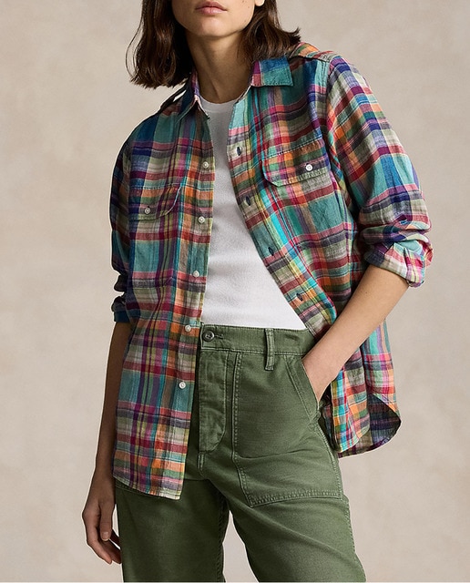 Imagen 0 de Camisa de mujer de lino con estampado de cuadros