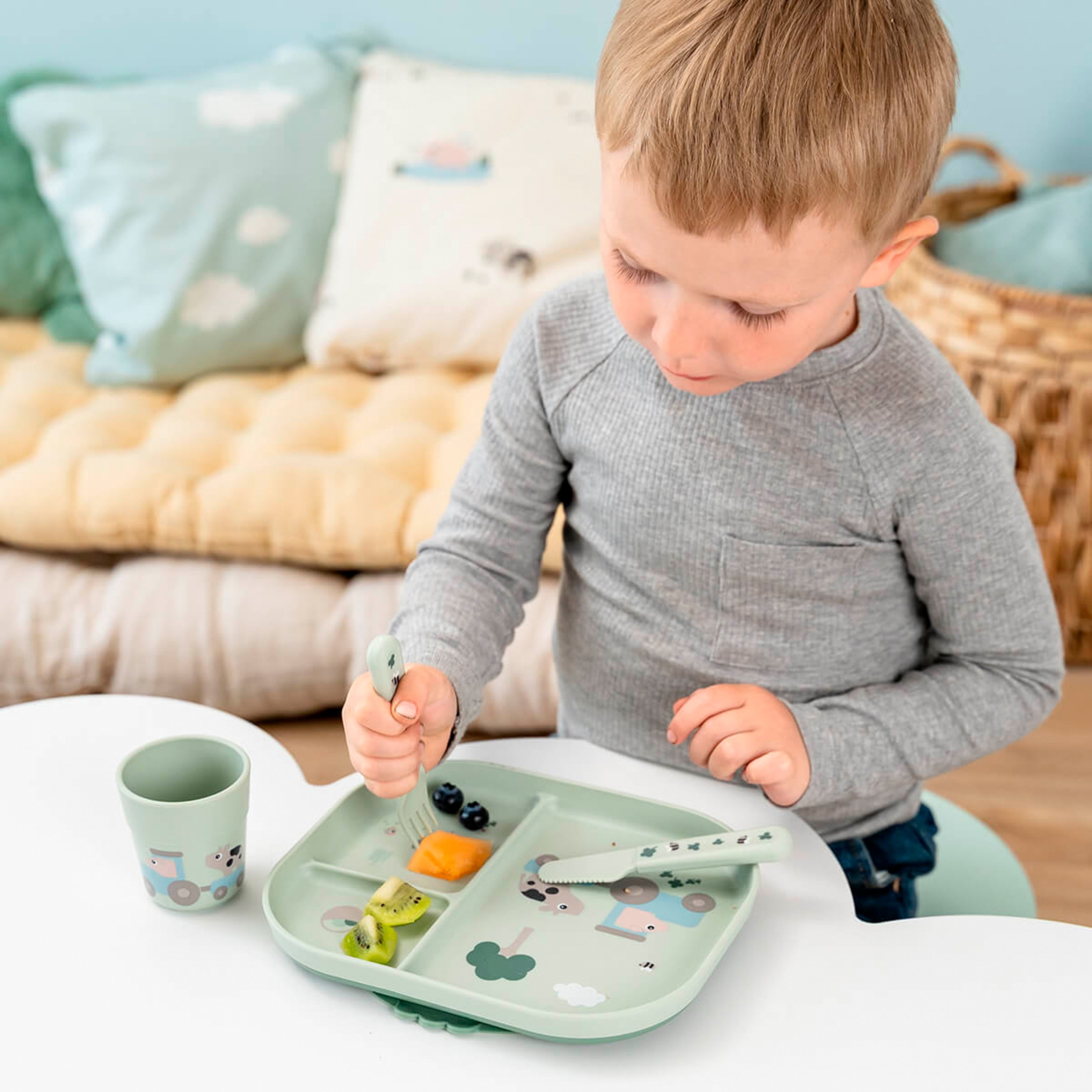 Conjunto a Minha Primeira Loiça com Prato Compartimentado, Copo de Aprendizagem e Talheres Verde Água-5