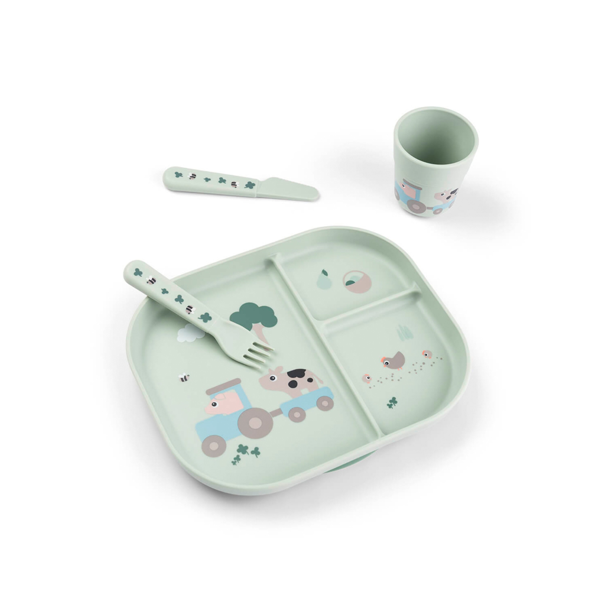 Conjunto a Minha Primeira Loiça com Prato Compartimentado, Copo de Aprendizagem e Talheres Verde Água-1