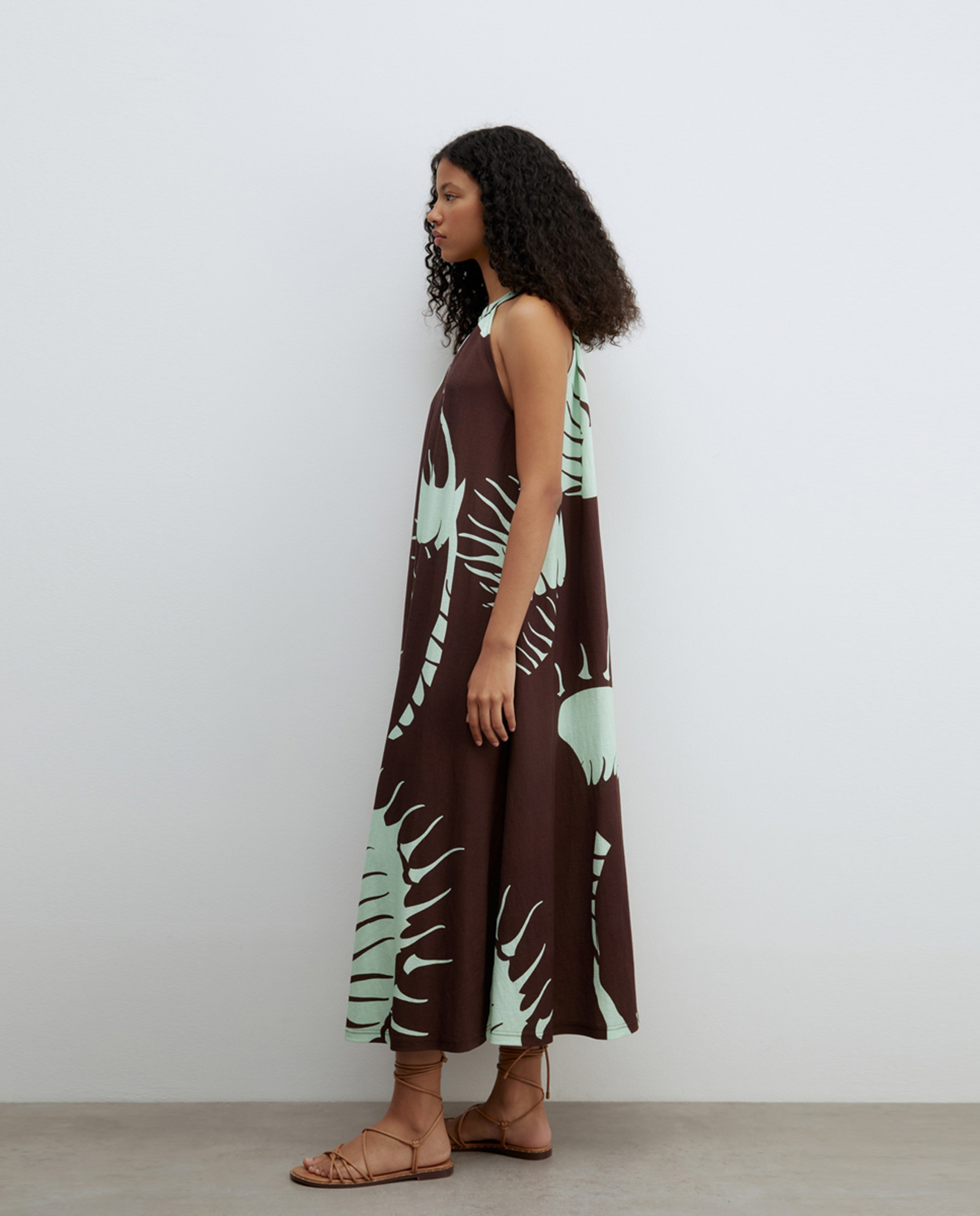 Vestido com Efeito de Linho Castanho-4