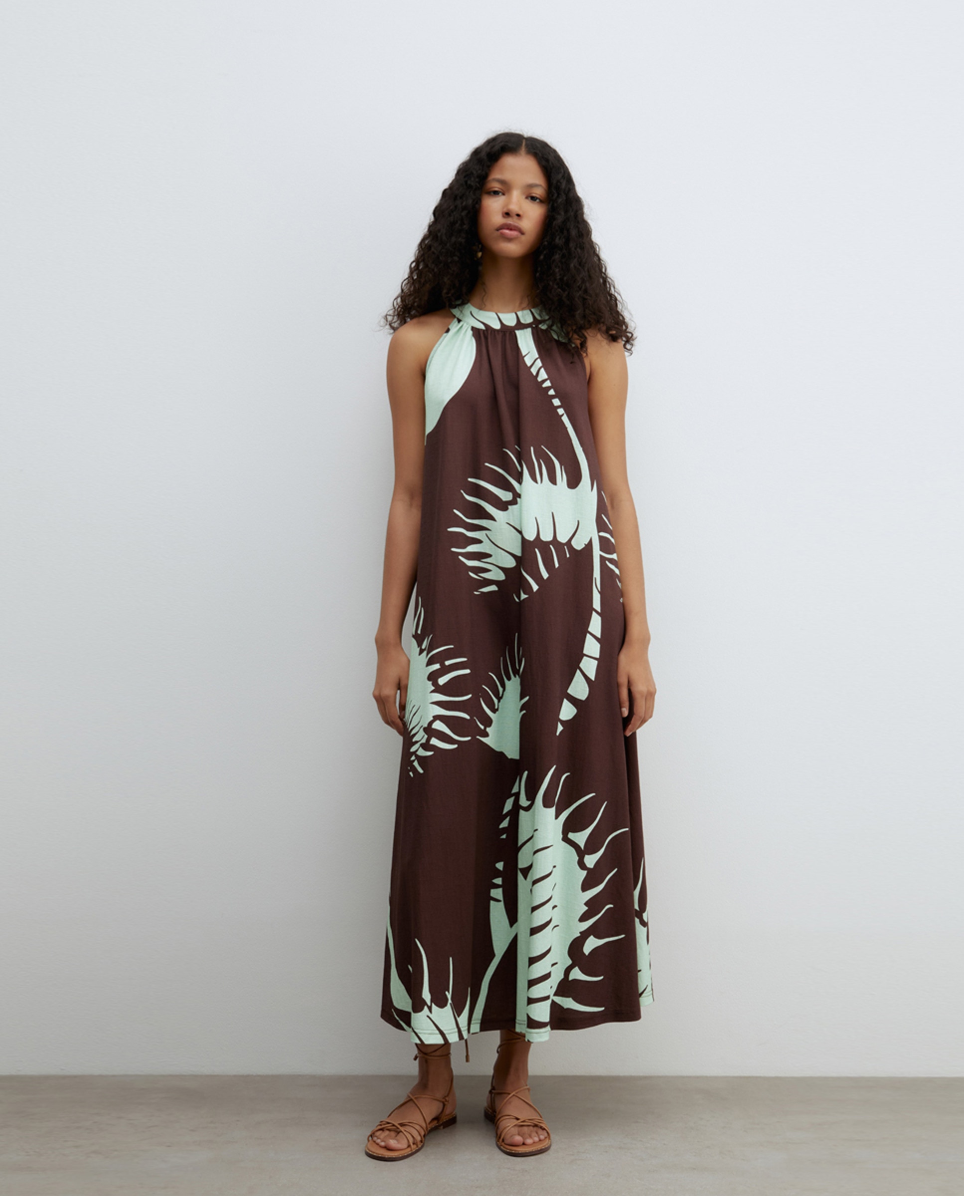 Vestido com Efeito de Linho Castanho-1
