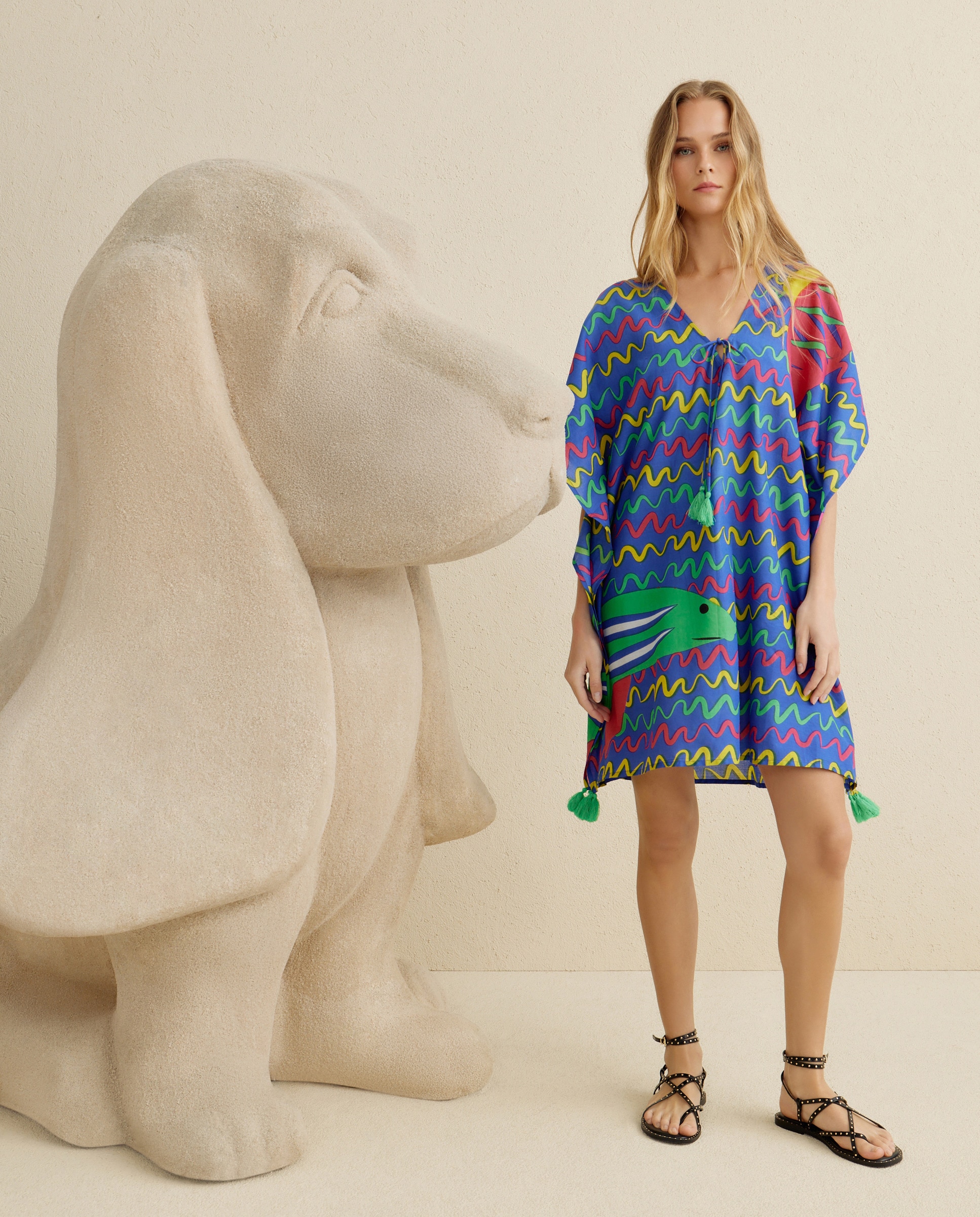 Kaftan com Estampado de Peixes 400 Azul-1
