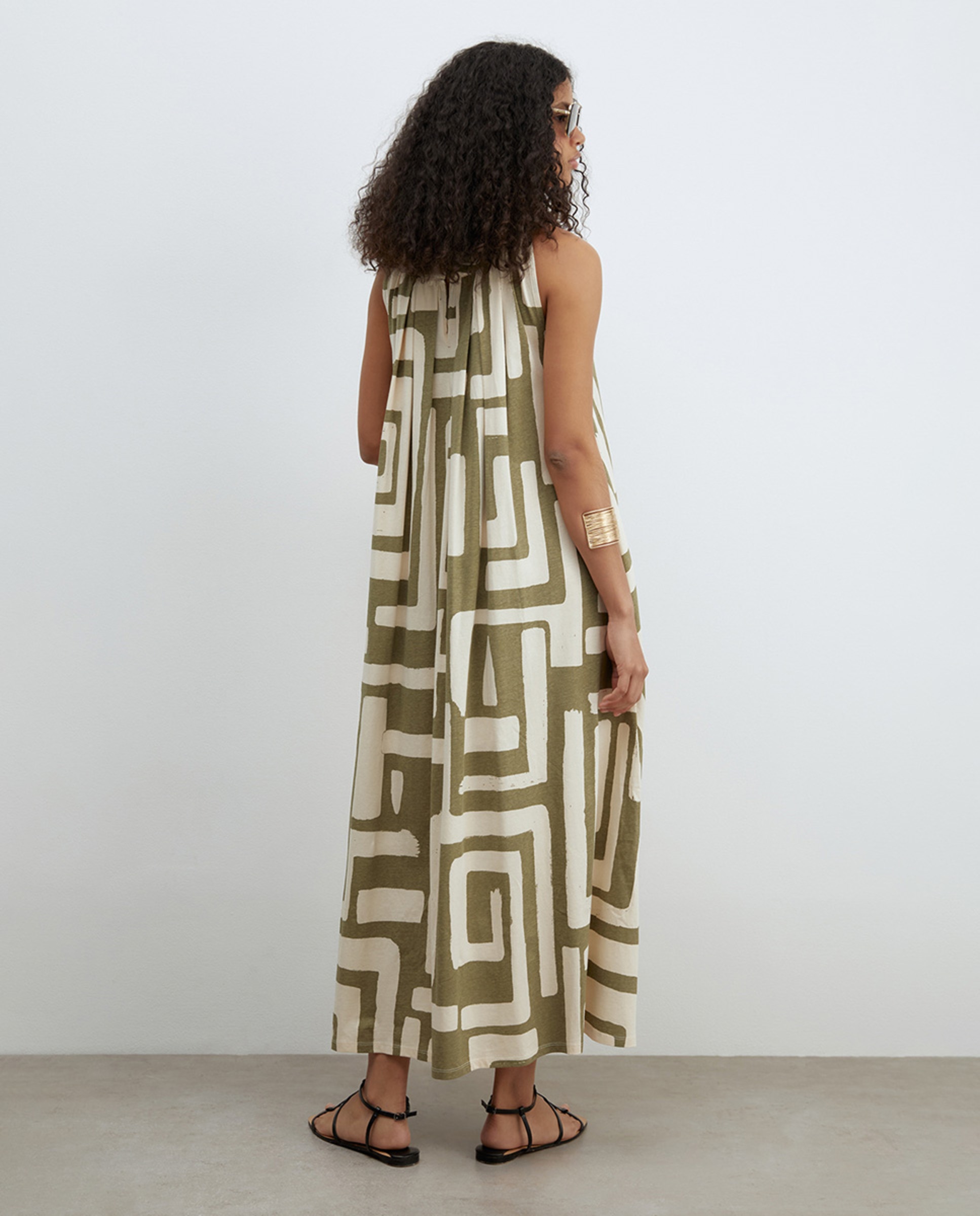 Vestido Evasé Estampado Caqui-5