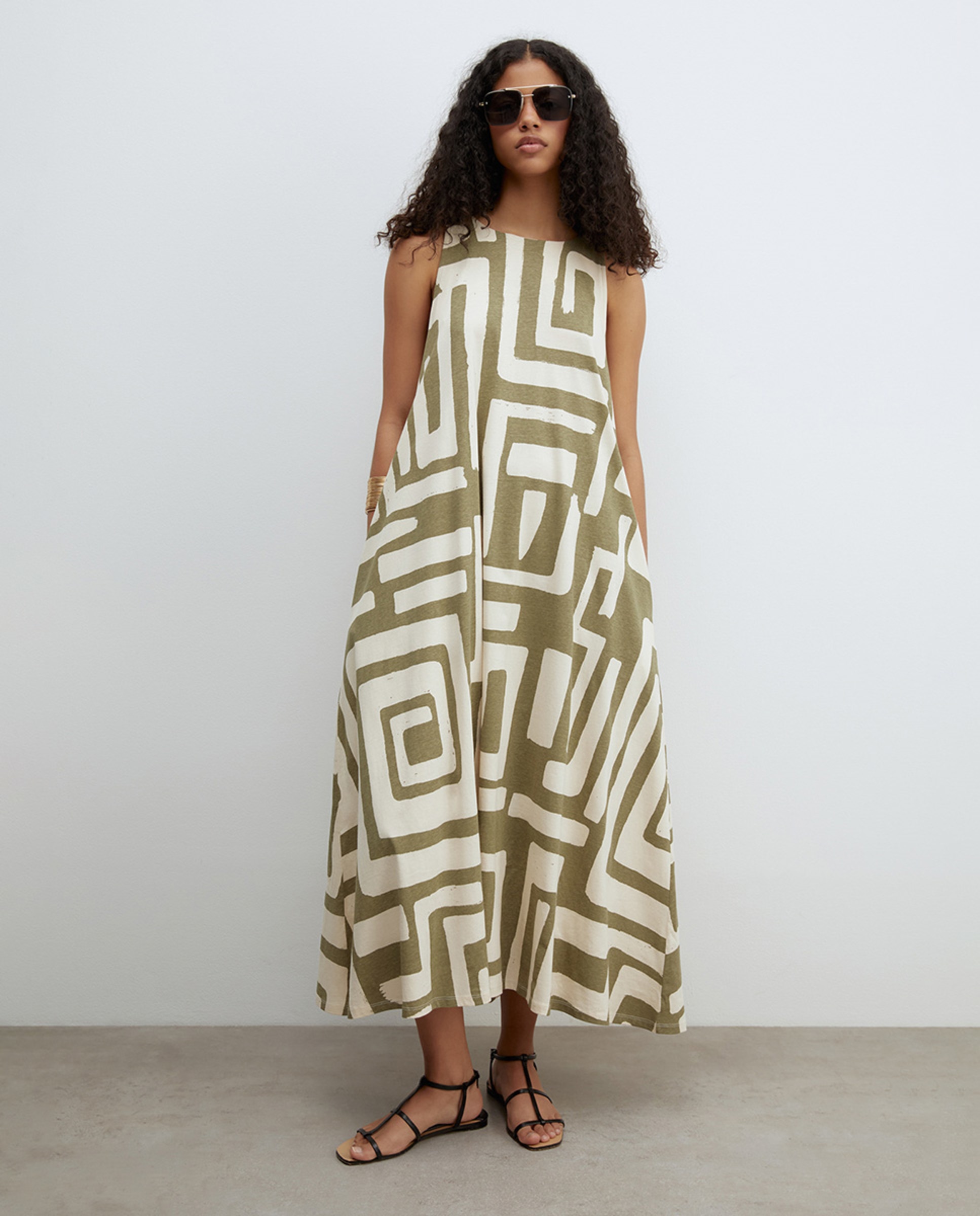 Vestido Evasé Estampado Caqui-1