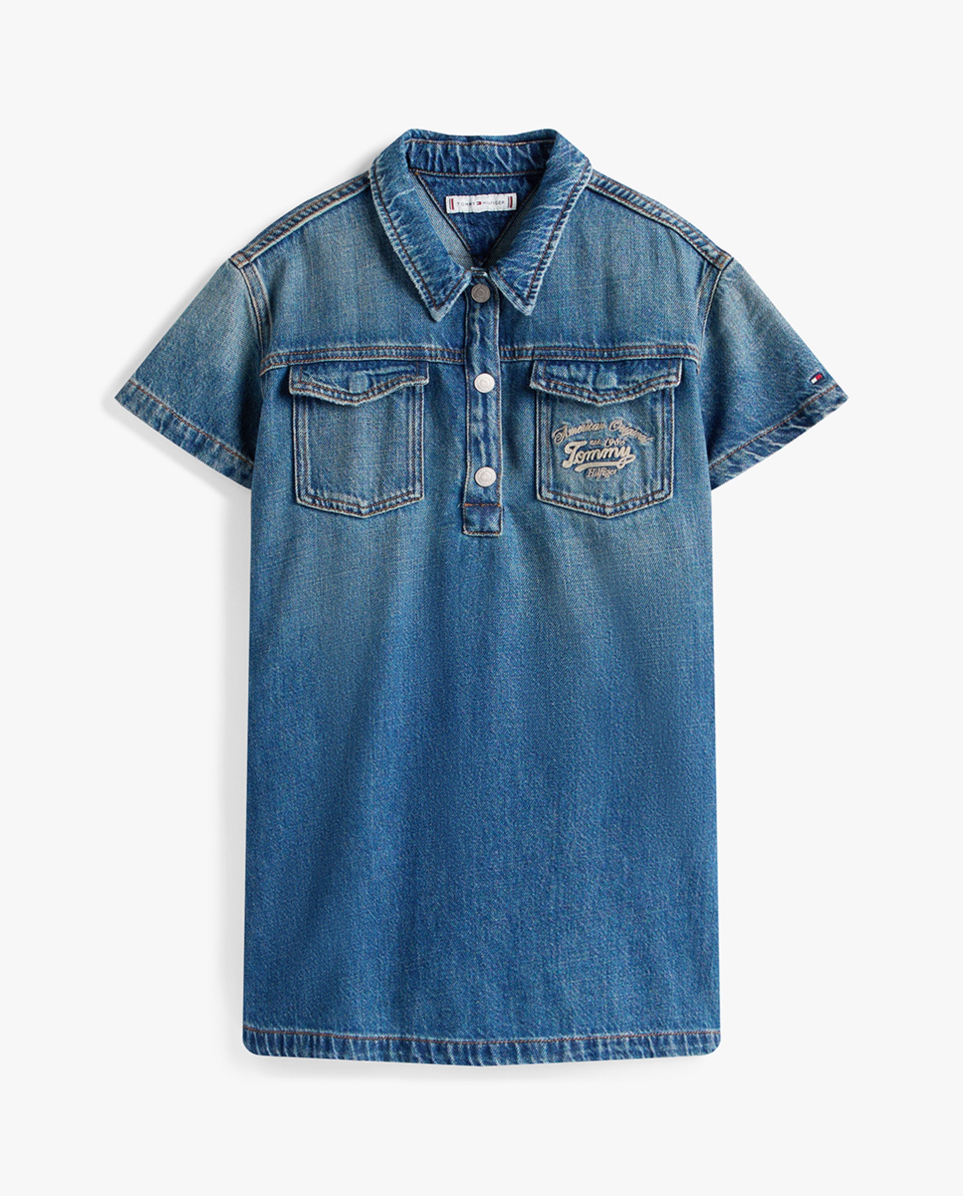 Vestido de Ganga com Manga Curta Azul-5