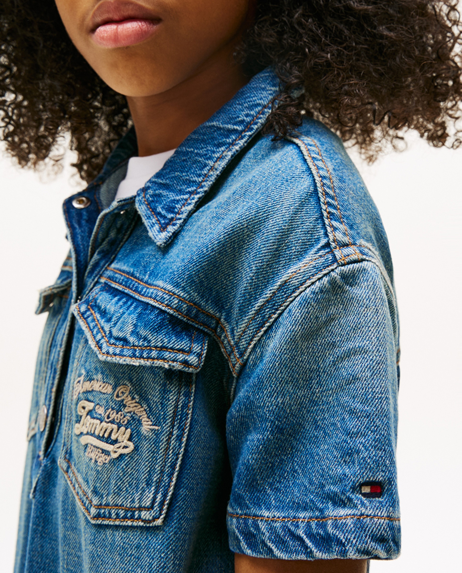 Vestido de Ganga com Manga Curta Azul-4