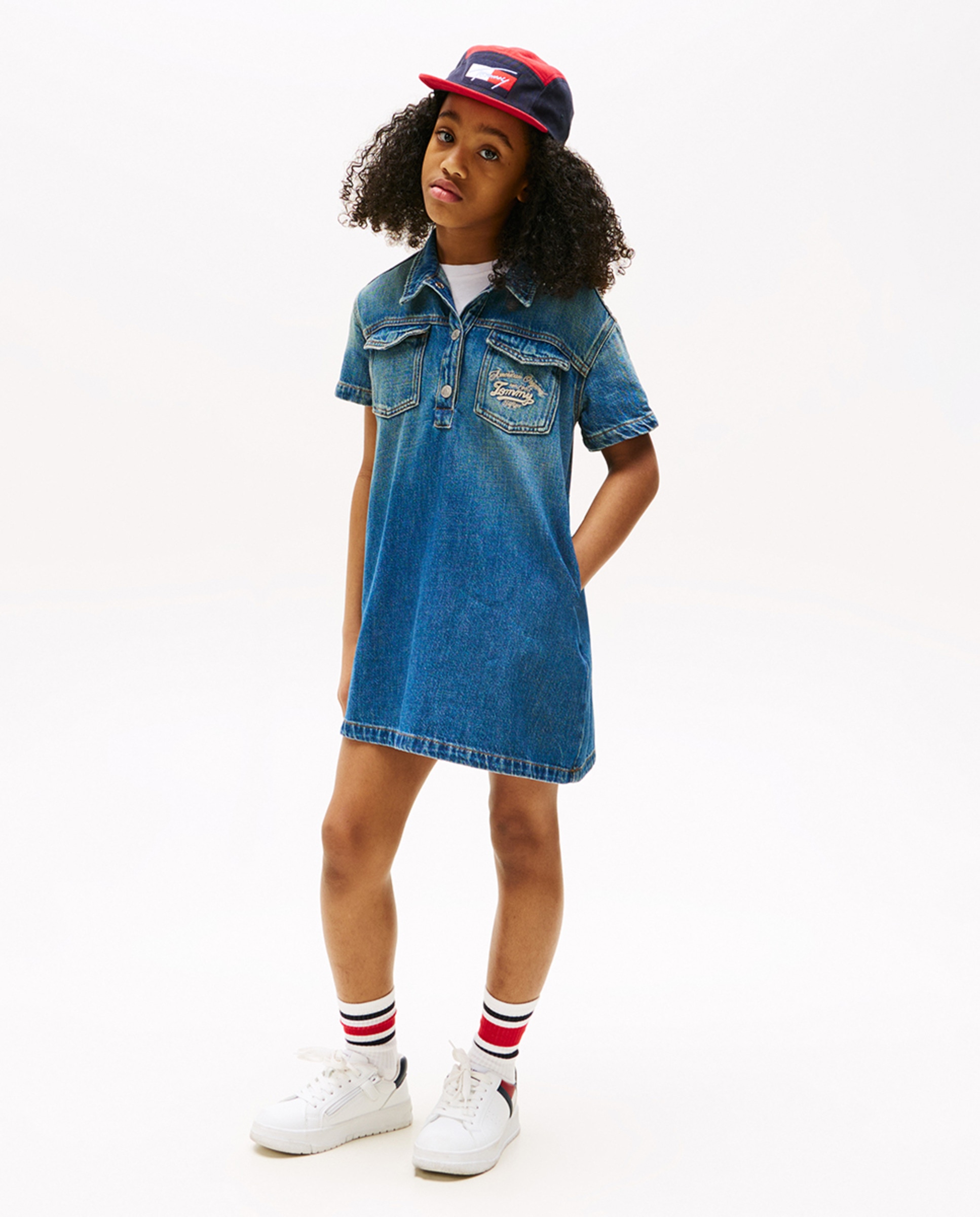 Vestido de Ganga com Manga Curta Azul-1