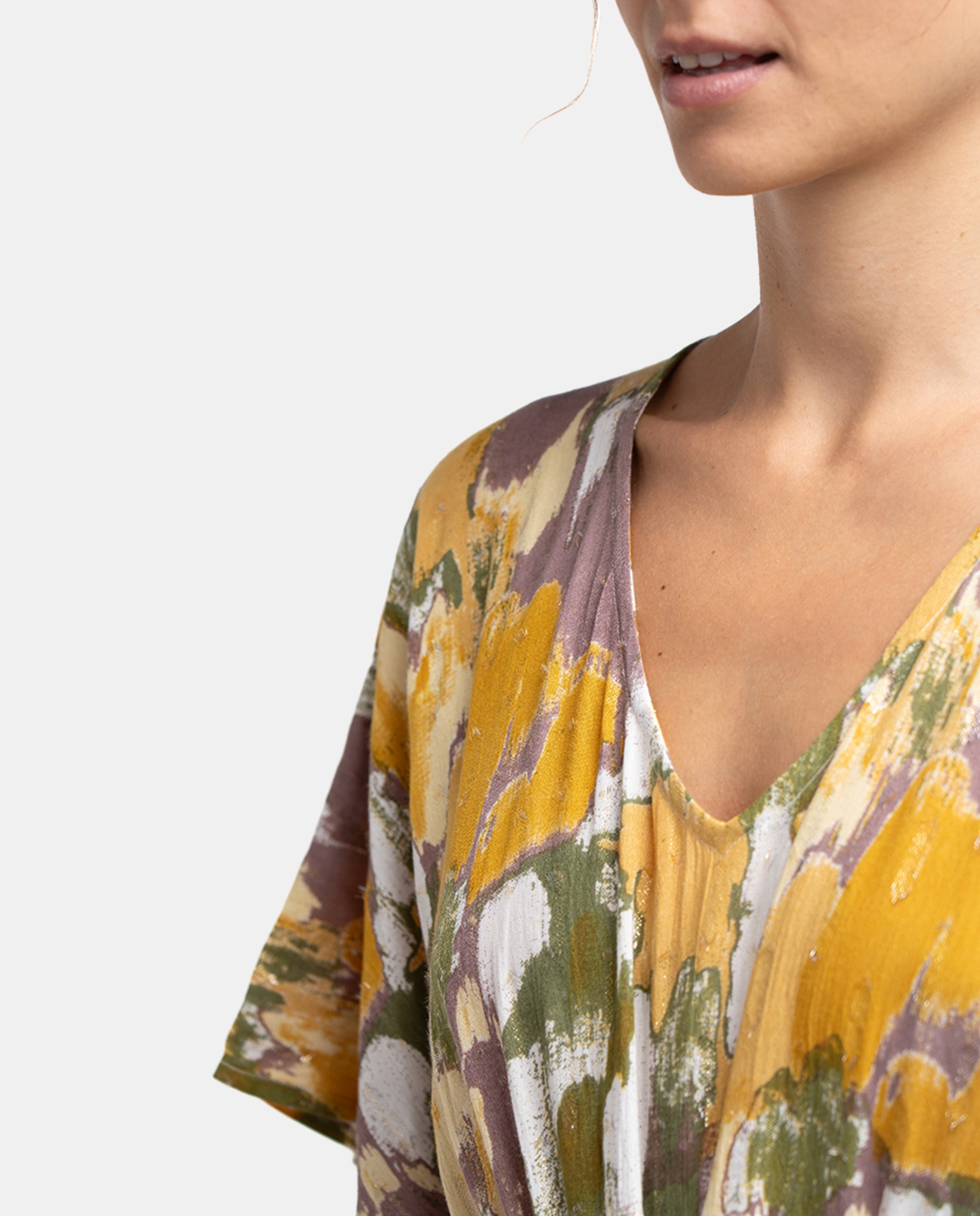 Kaftan de Viscose Oceans Diary com Estampado Abstrato Amarelo-4