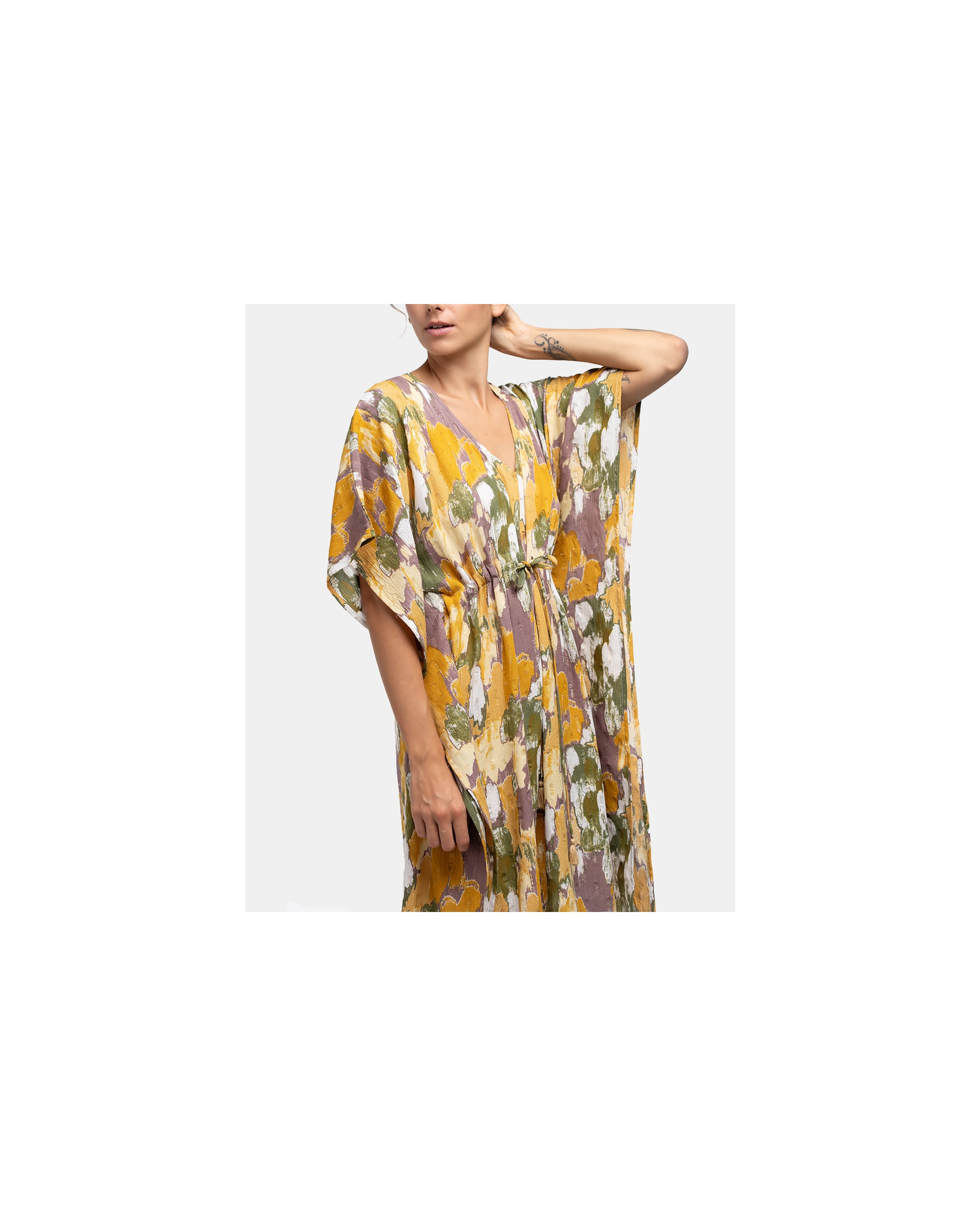 Kaftan de Viscose Oceans Diary com Estampado Abstrato Amarelo-3