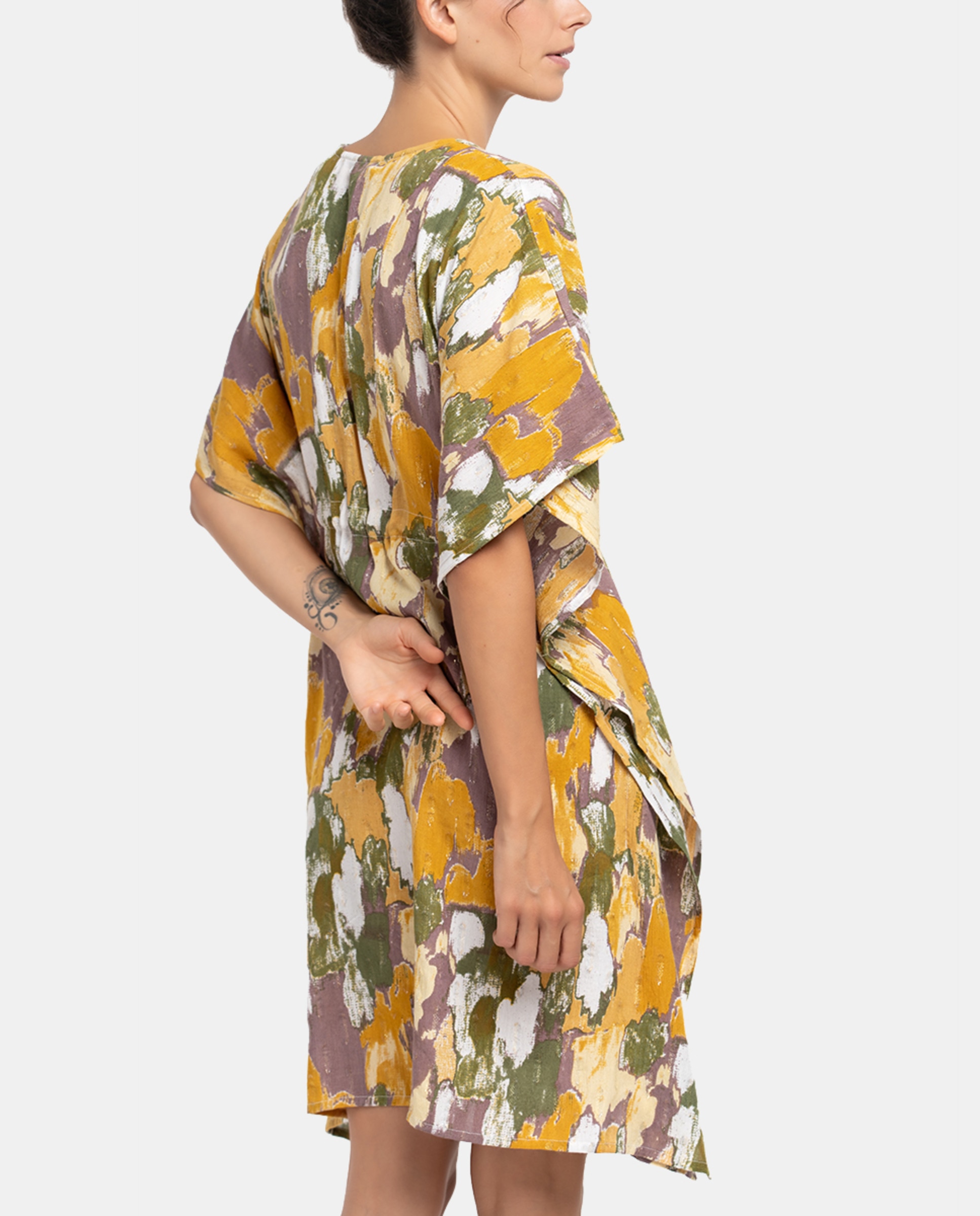 Kaftan de Viscose Oceans Diary com Estampado Abstrato Amarelo-2