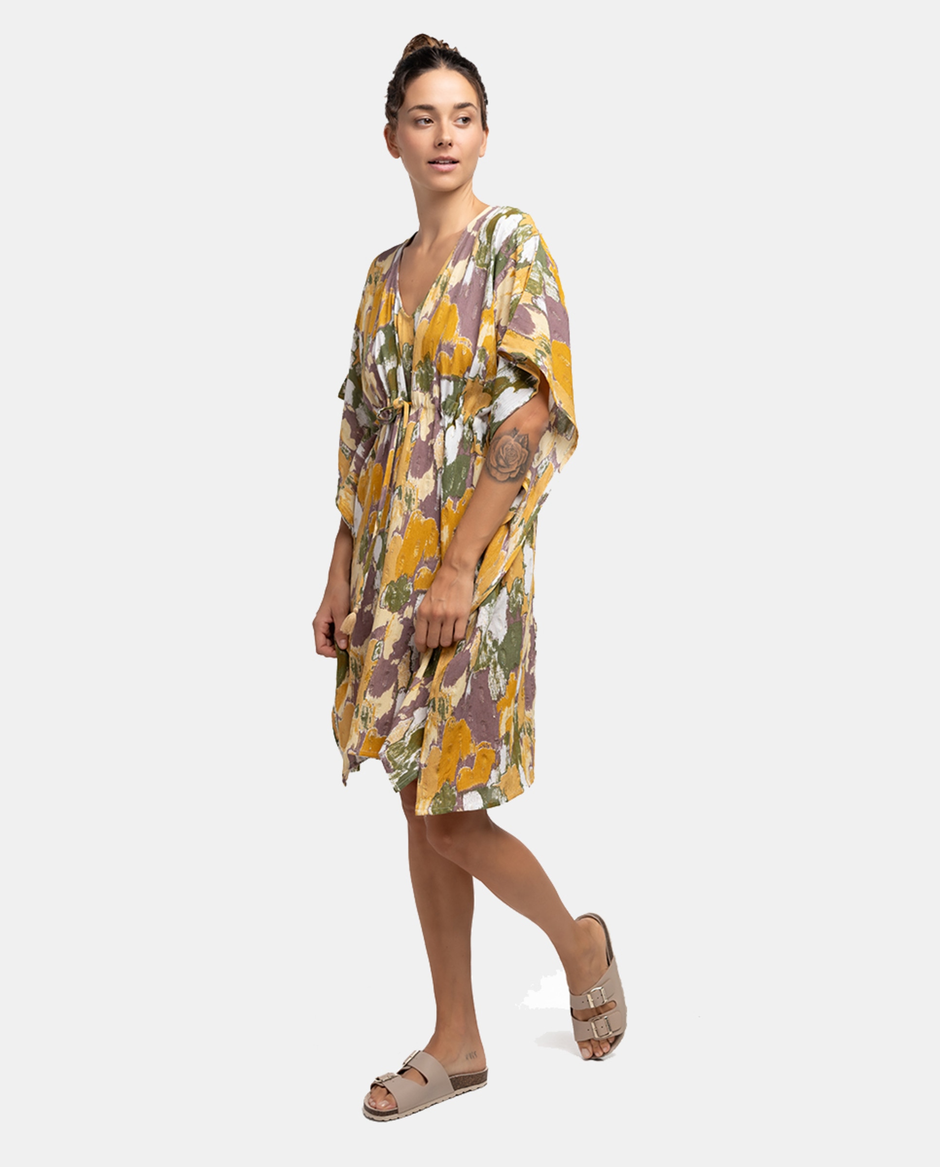 Kaftan de Viscose Oceans Diary com Estampado Abstrato Amarelo-1