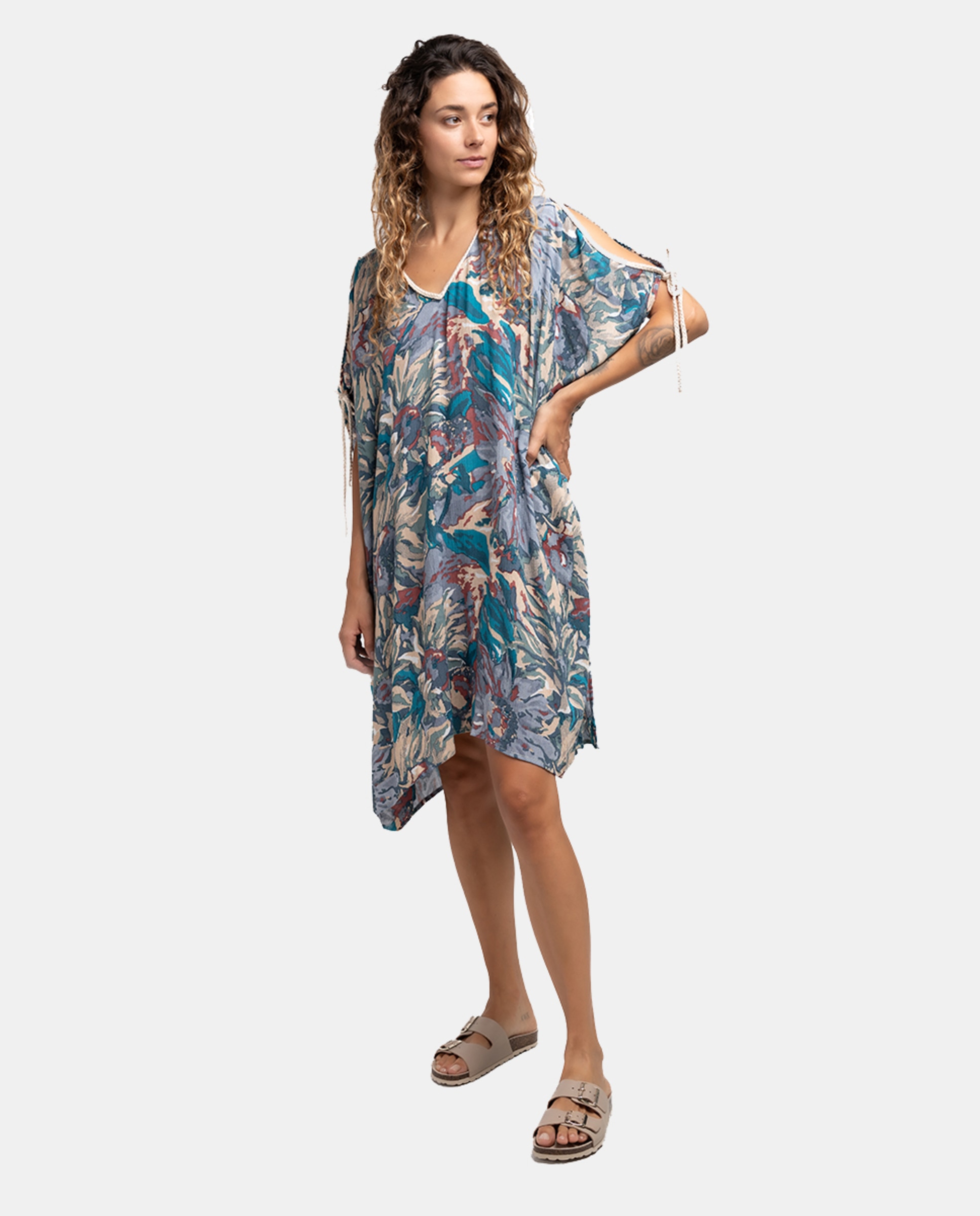 Kaftan de Viscose Oceans Diary com Estampado Floral Azul-1