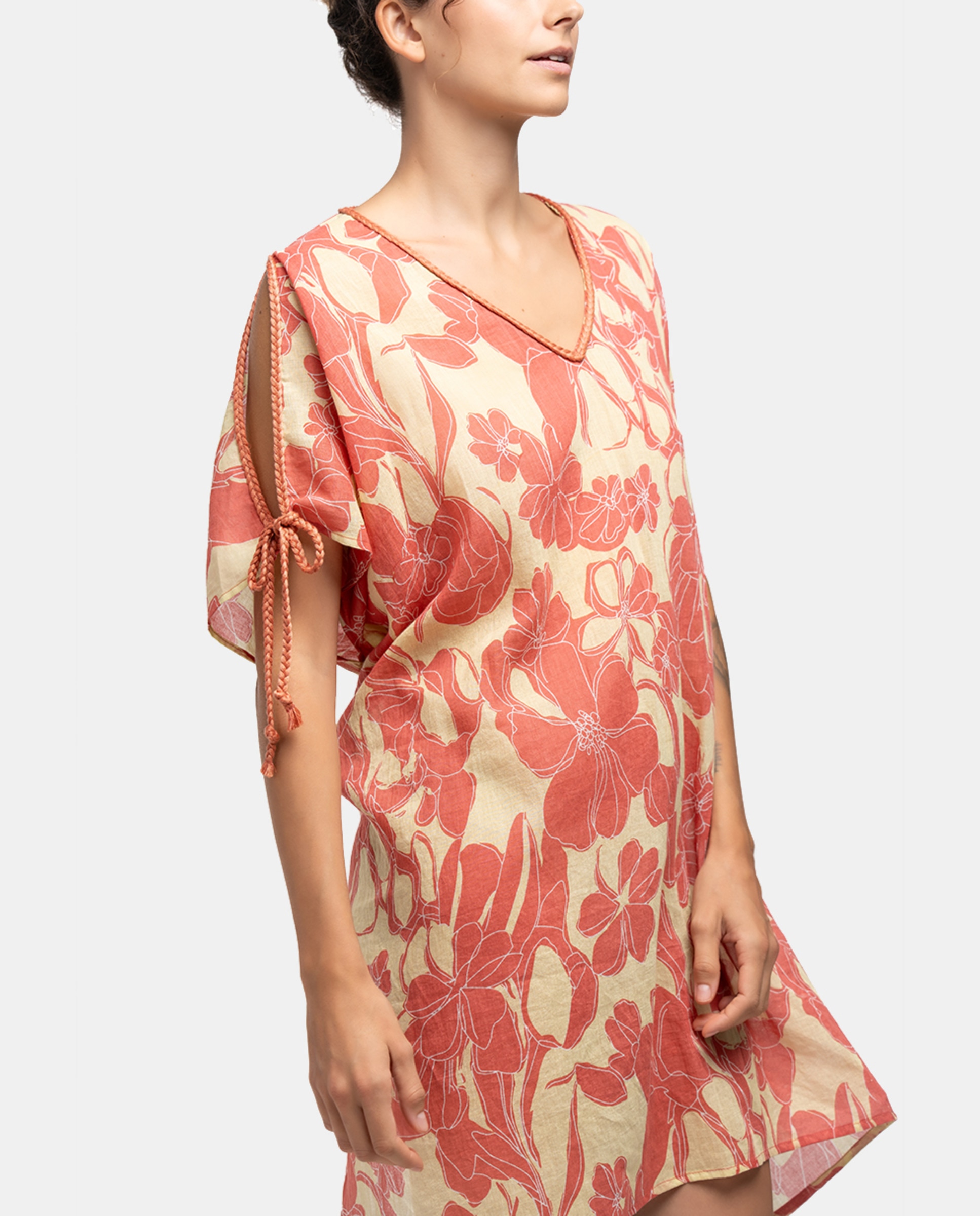 Kaftan de Algodão Oceans Diary com Estampado Floral Coral-3