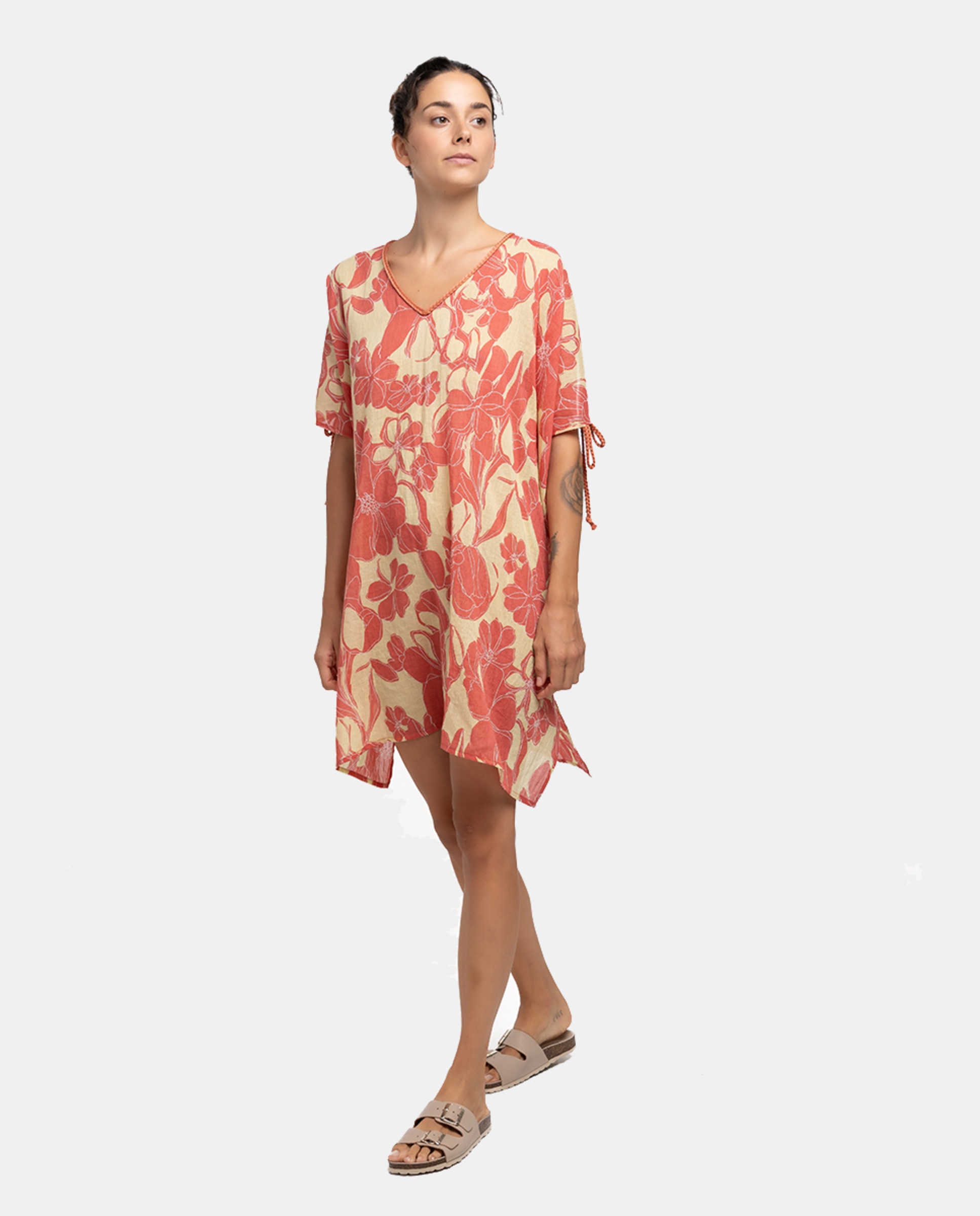 Kaftan de Algodão Oceans Diary com Estampado Floral Coral-1