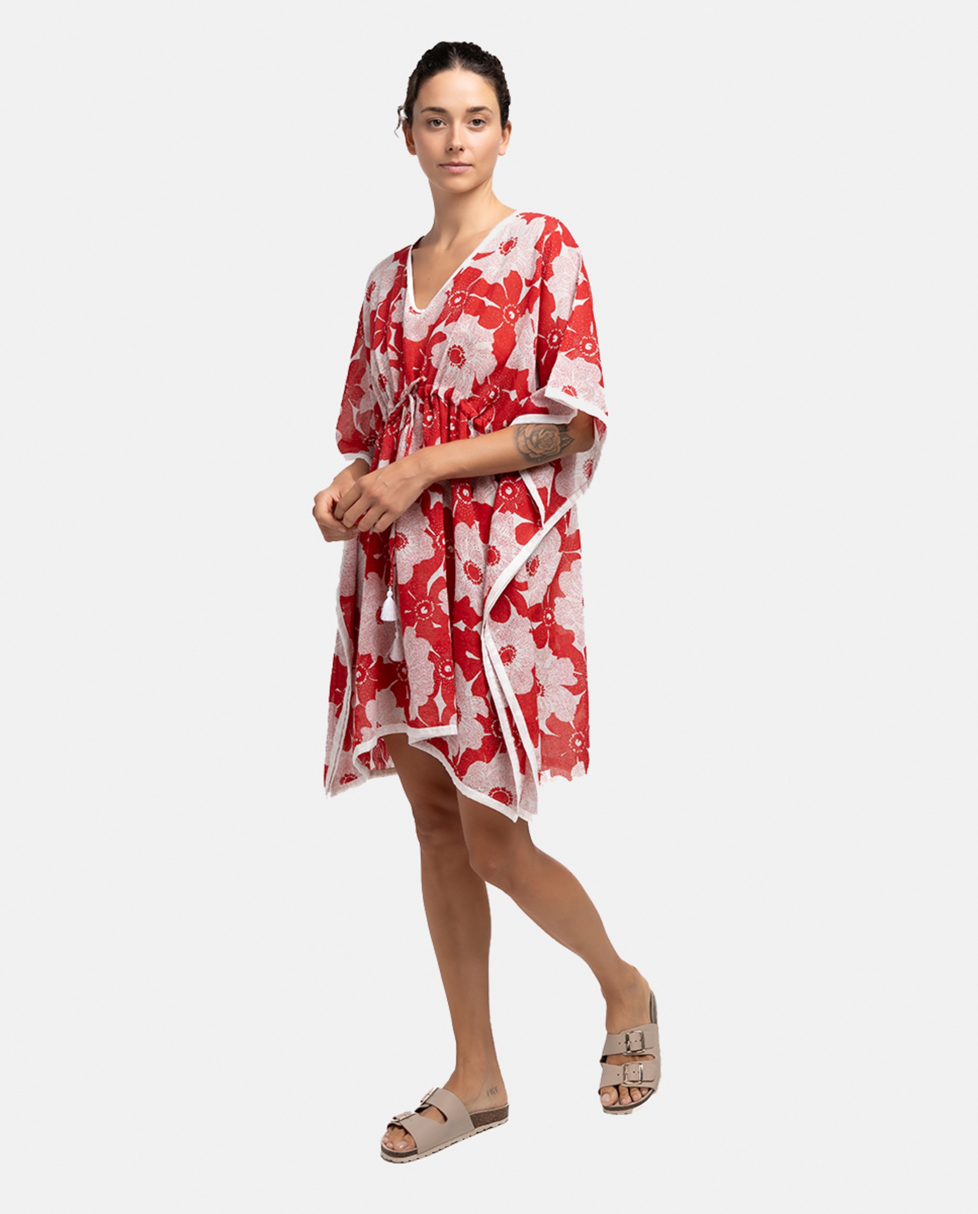 Kaftan de Algodão Oceans Diary com Estampado Floral Vermelho-1
