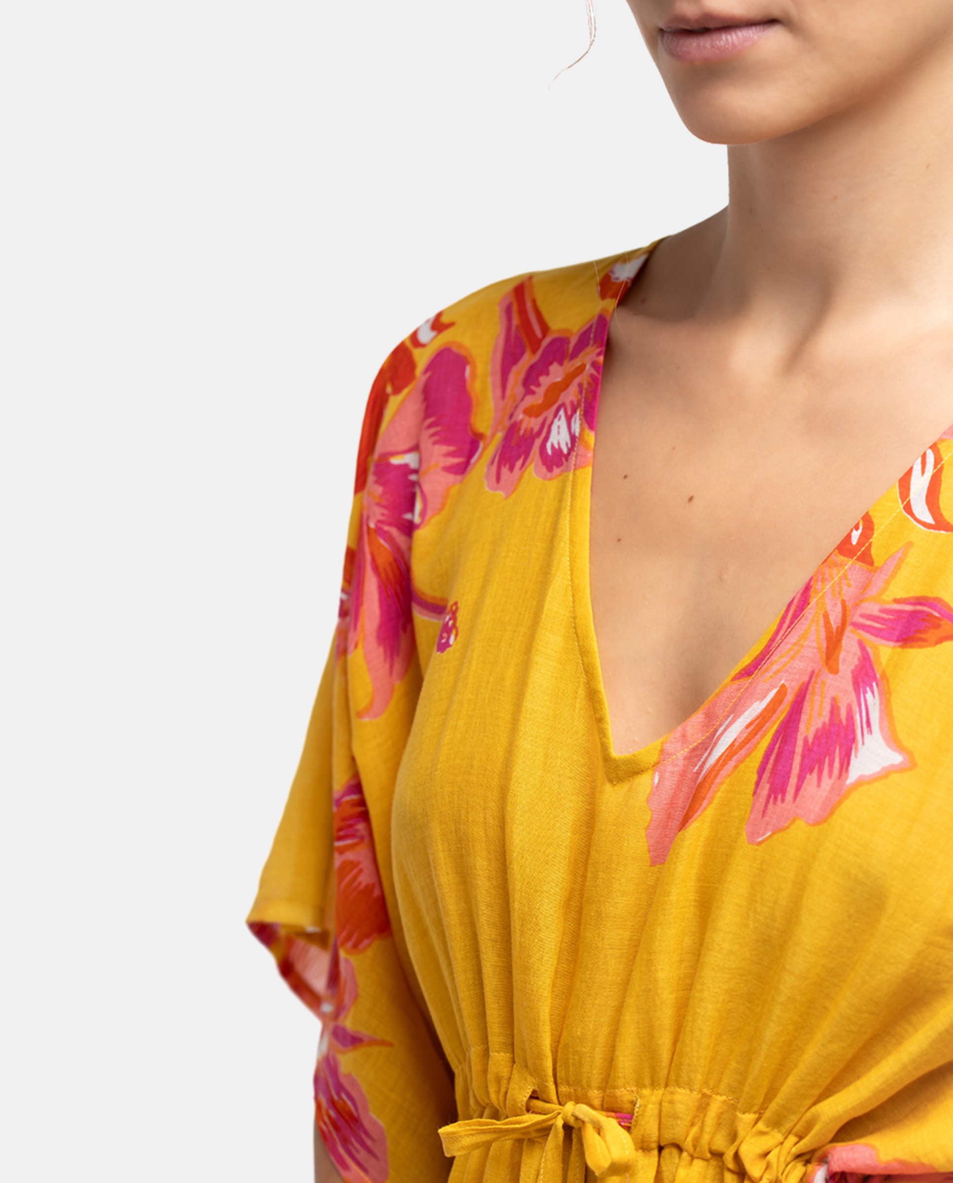 Kaftan de Algodão Oceans Diary com Estampado Floral Amarelo-4