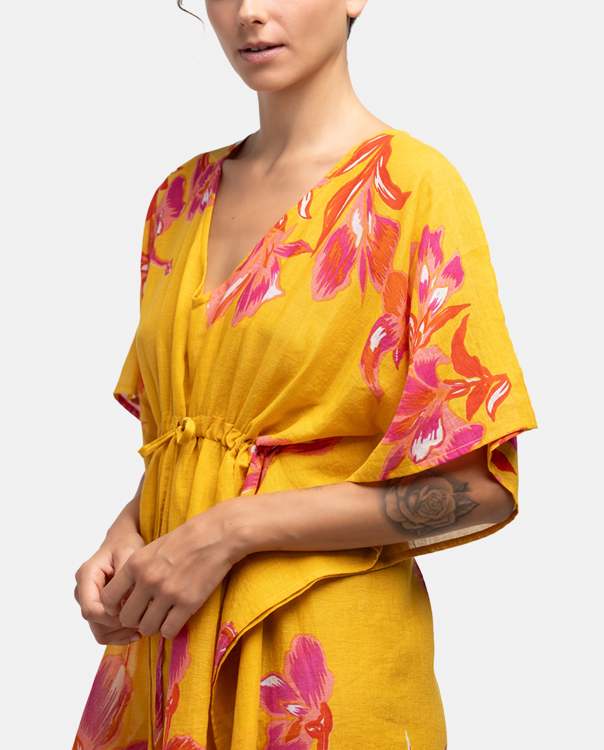 Kaftan de Algodão Oceans Diary com Estampado Floral Amarelo-3