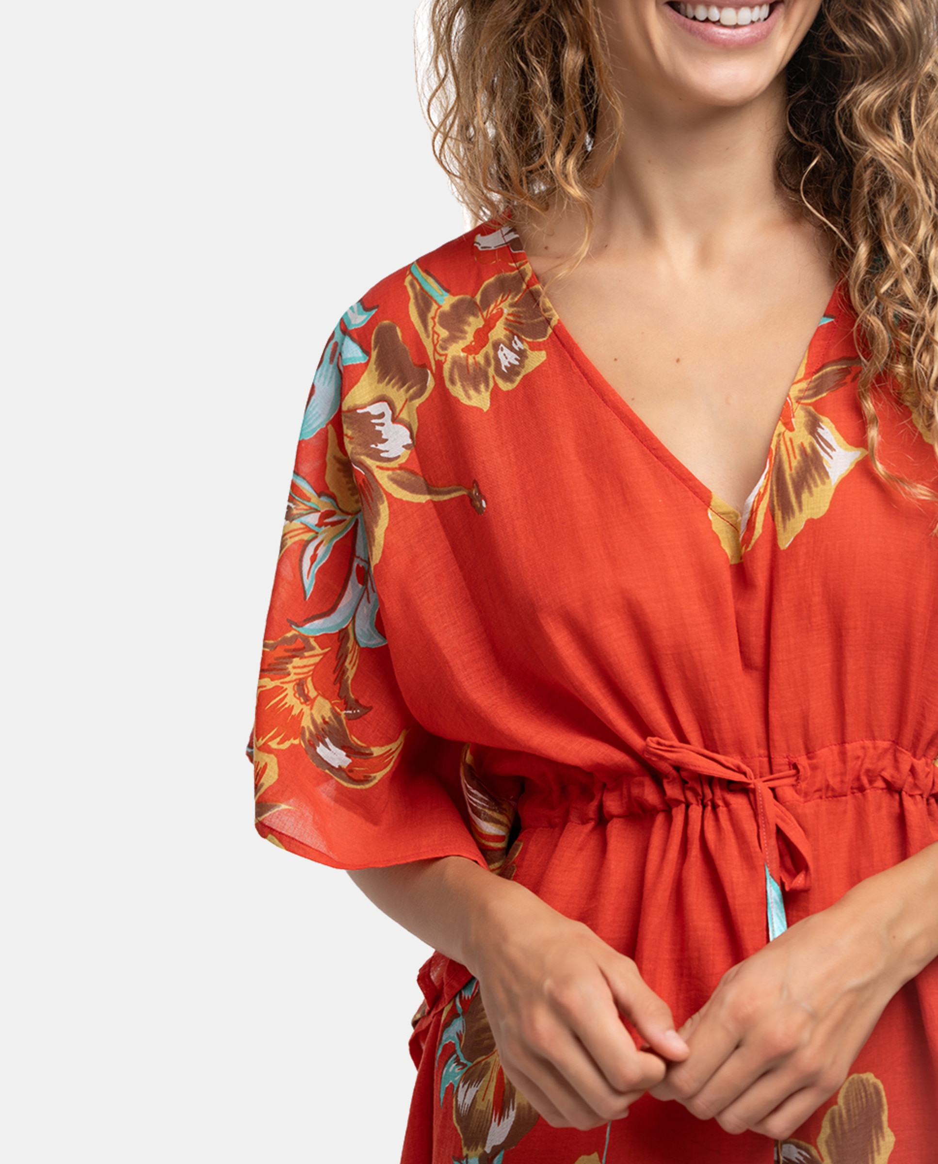 Kaftan de Algodão Oceans Diary com Estampado Floral Coral-4