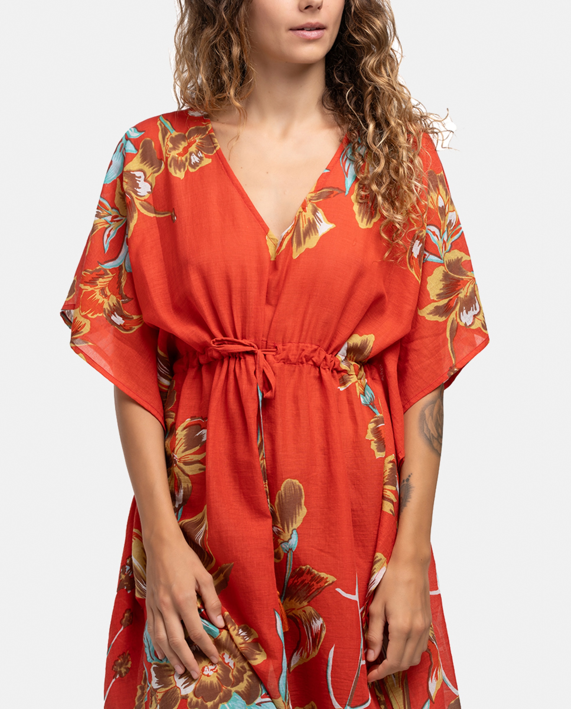 Kaftan de Algodão Oceans Diary com Estampado Floral Coral-3