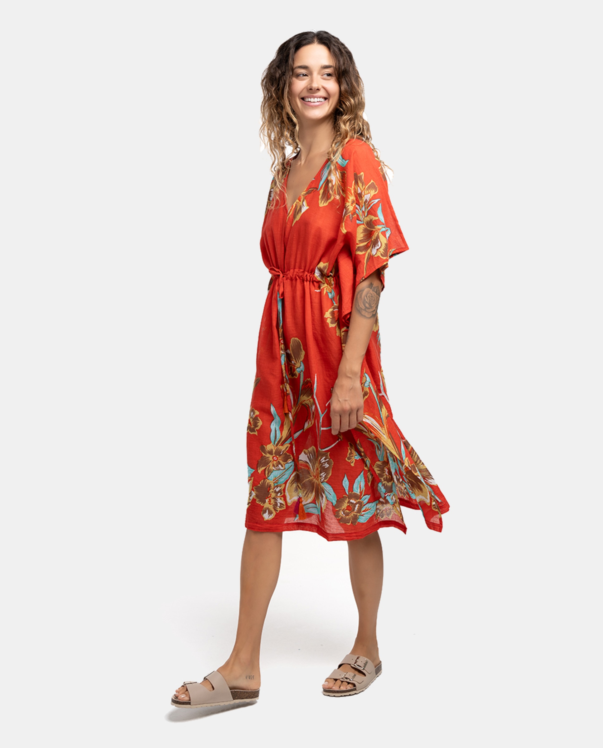 Kaftan de Algodão Oceans Diary com Estampado Floral Coral-1