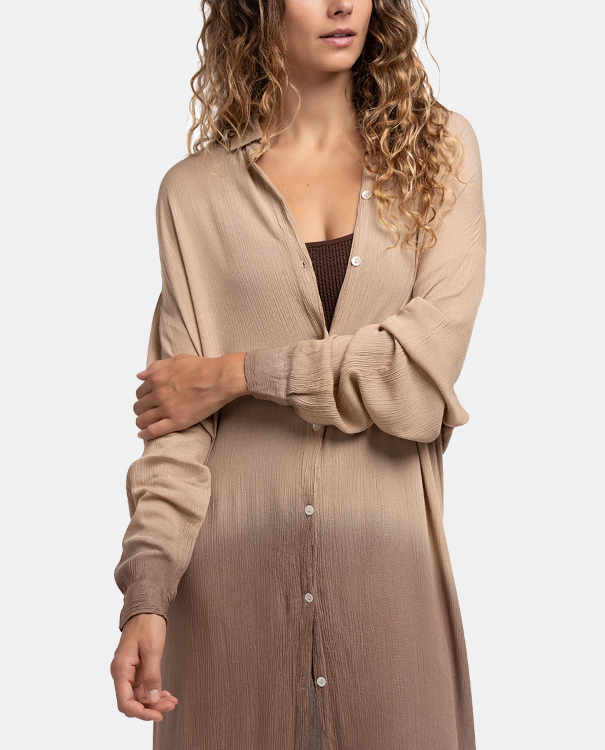 Túnica de Viscose Oceans Diary com Degradé Bege-3