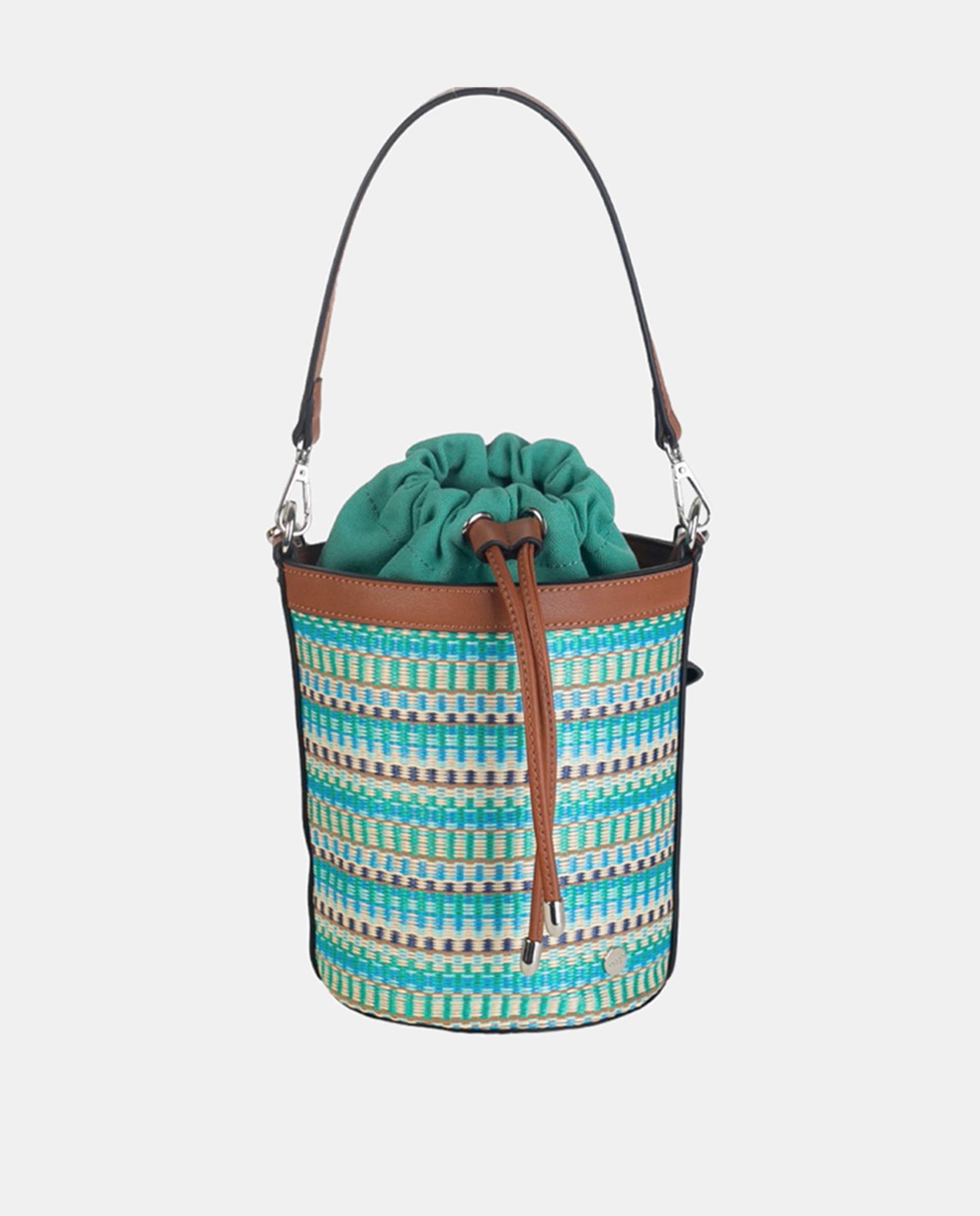 Mala de Ombro Bucket Confecionada em Ráfia Tecida às Riscas com PU Cor de Couro nas Alças - Azul/Verde/Neutro Turquesa-1