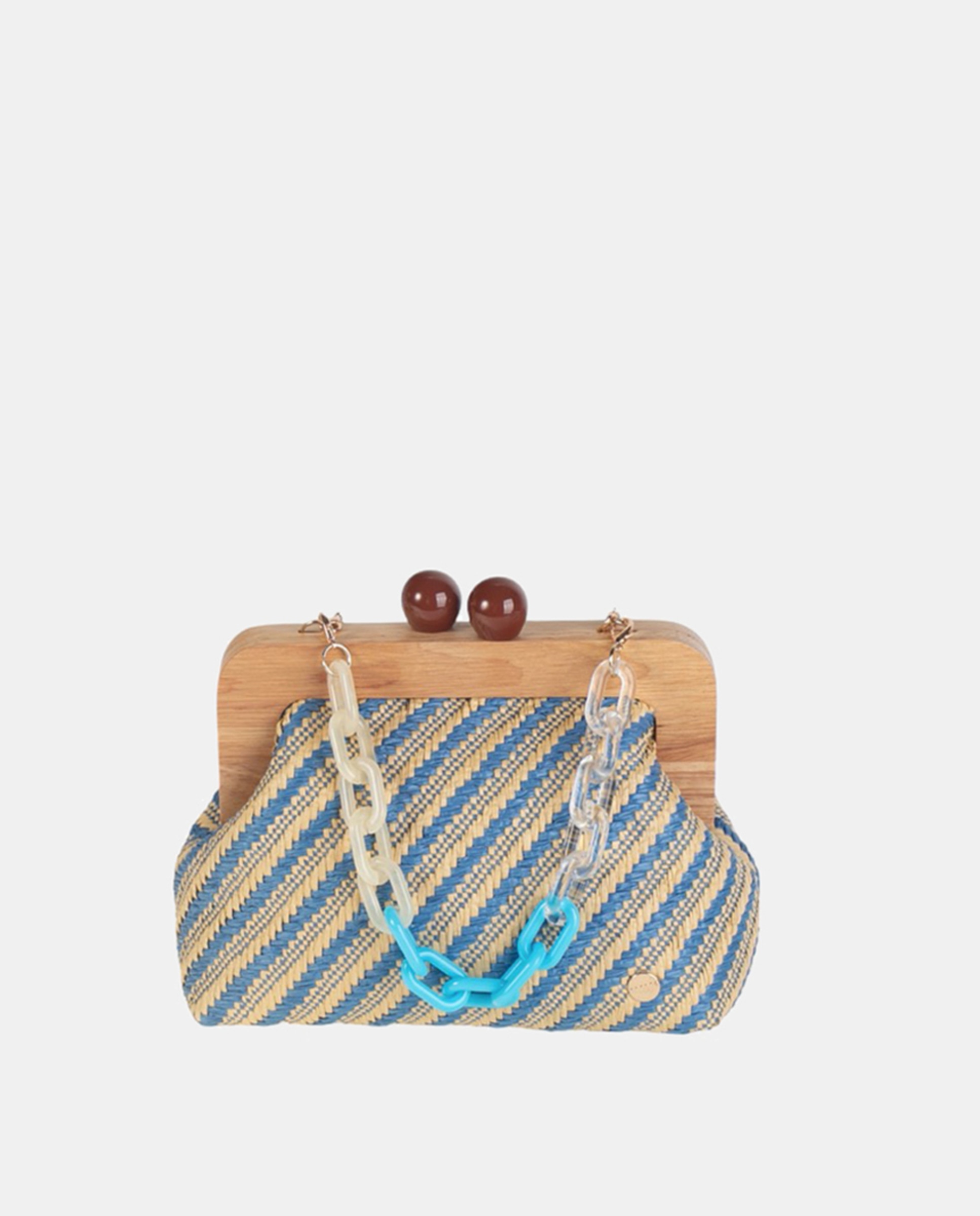 Mala Clutch com Fecho de Madeira Confecionada em Ráfia Combinada e Tecida na Diagonal e Alças de Fantasia em Plástico - Azul/Cru Azul-1