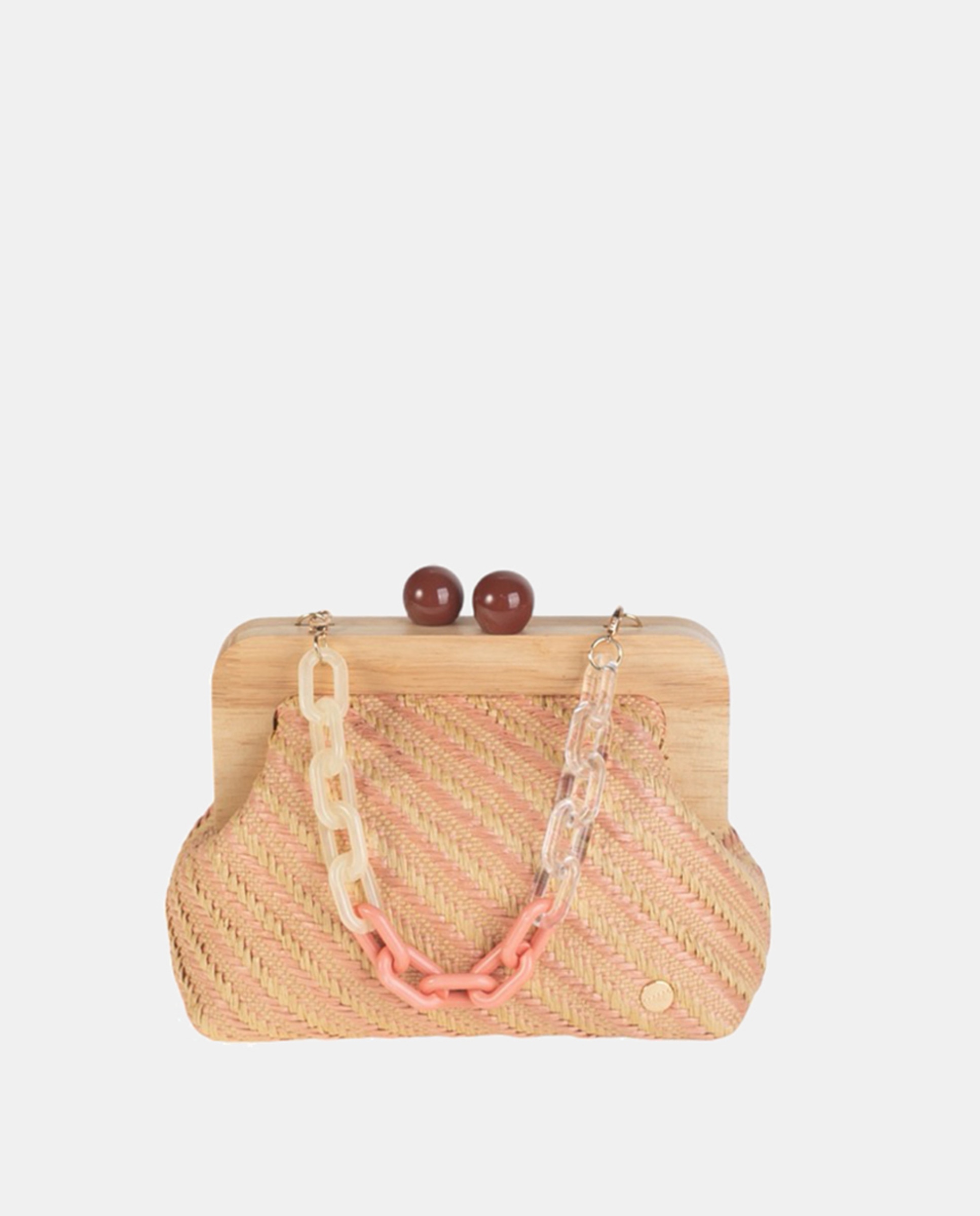 Mala Clutch com Fecho de Madeira Confecionada em Ráfia Combinada e Tecida na Diagonal e Alças de Fantasia em Plástico - Nude/Cru Nude-1