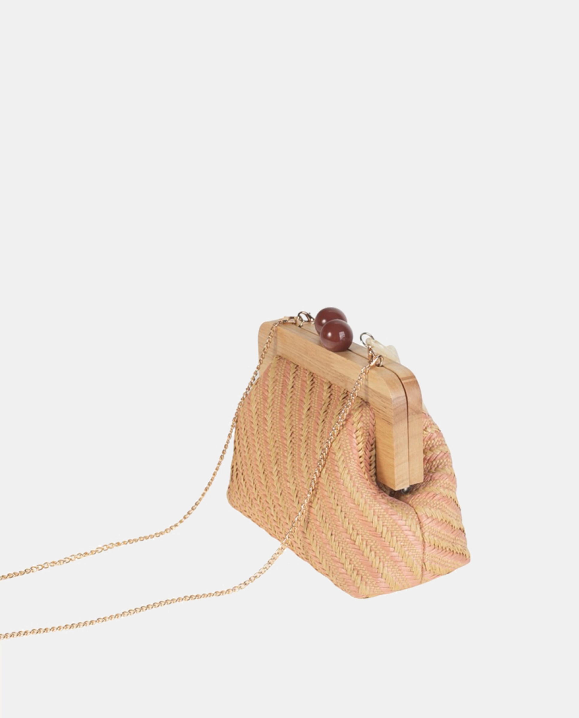 Mala Clutch com Fecho de Madeira Confecionada em Ráfia Combinada e Tecida na Diagonal e Alças de Fantasia em Plástico - Nude/Cru Nude-2