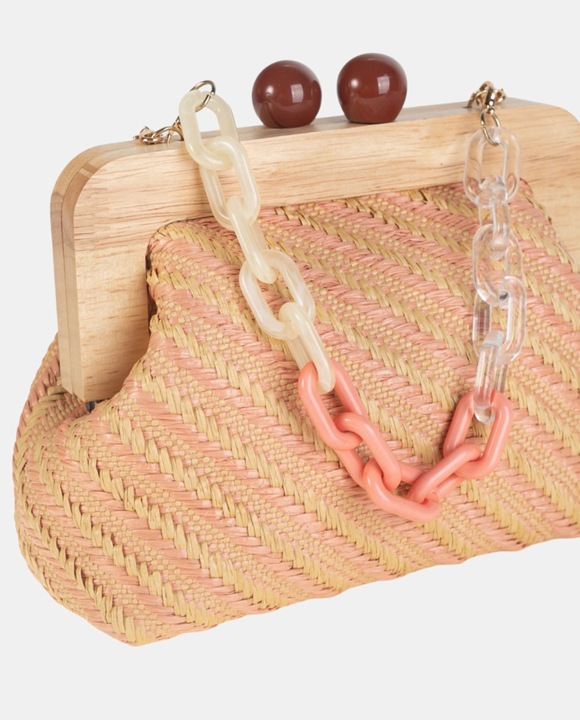 Mala Clutch com Fecho de Madeira Confecionada em Ráfia Combinada e Tecida na Diagonal e Alças de Fantasia em Plástico - Nude/Cru Nude-3
