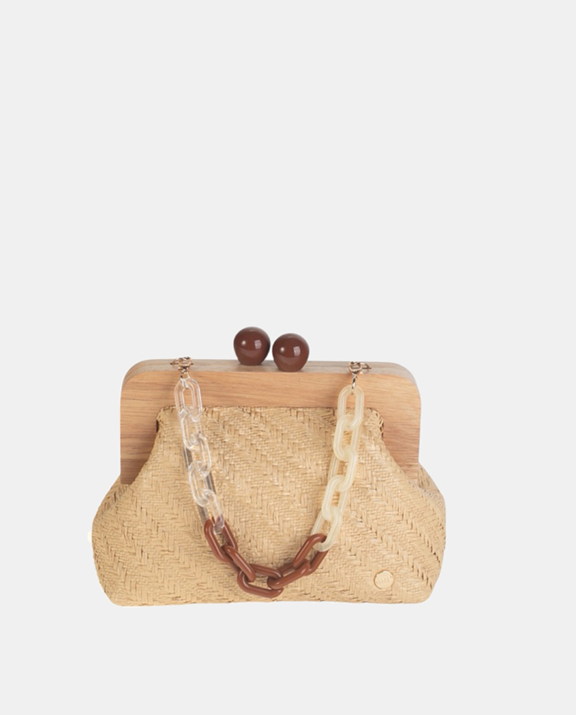 Mala Clutch com Fecho de Madeira Confecionada em Ráfia Combinada e Tecida na Diagonal e Alças de Fantasia em Plástico - Bege/Cru Natural-1