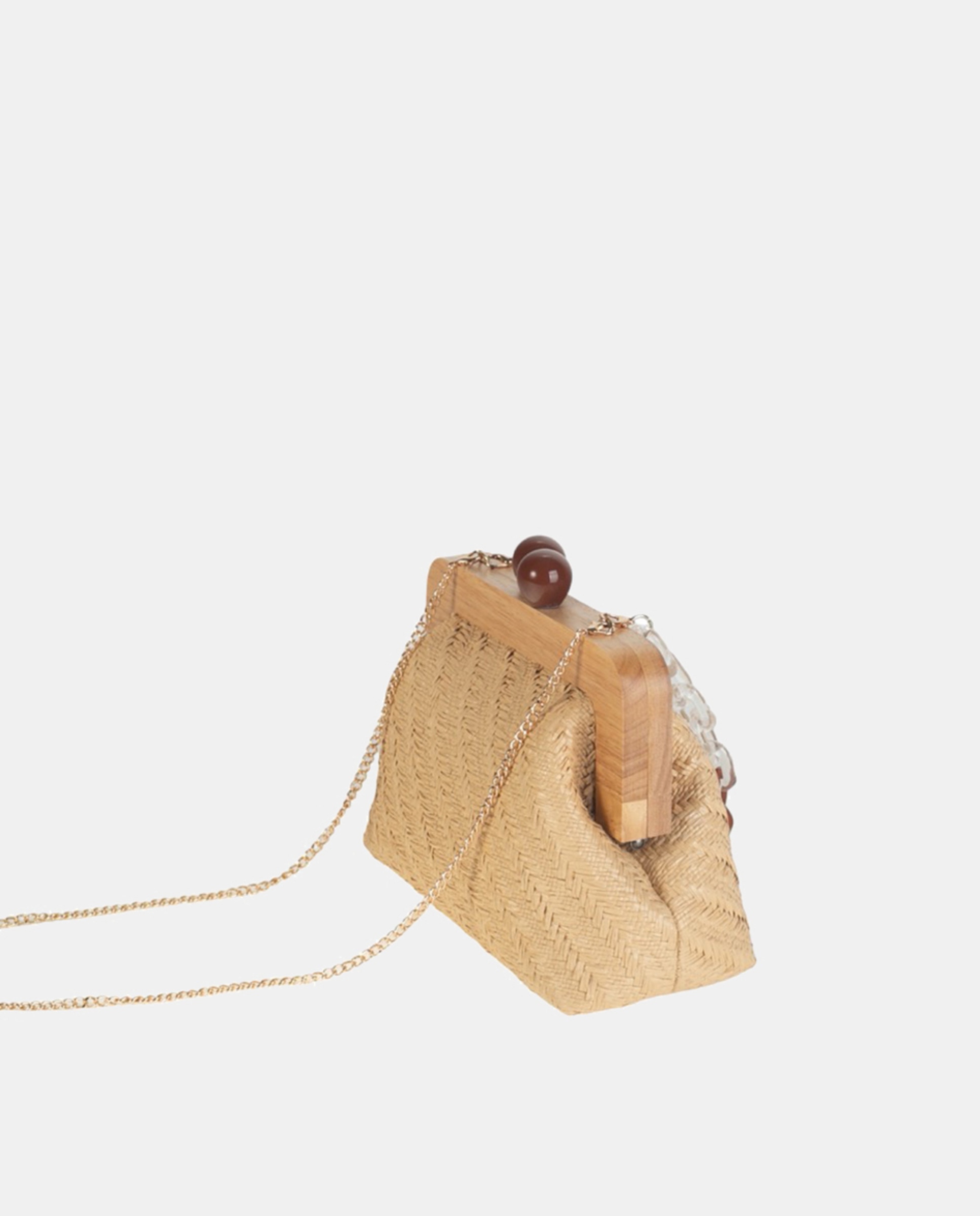 Mala Clutch com Fecho de Madeira Confecionada em Ráfia Combinada e Tecida na Diagonal e Alças de Fantasia em Plástico - Bege/Cru Natural-2