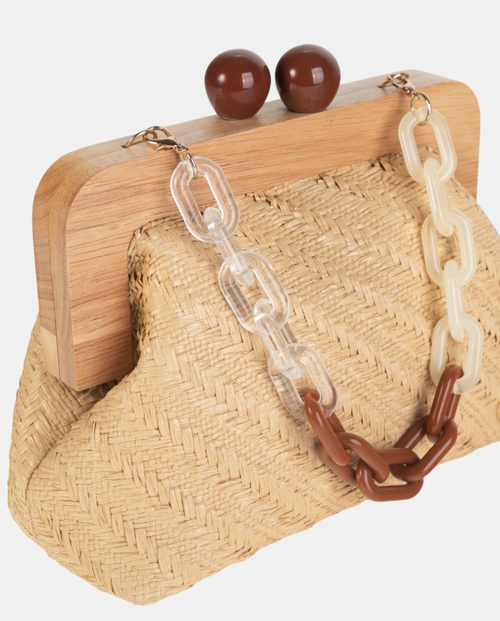 Mala Clutch com Fecho de Madeira Confecionada em Ráfia Combinada e Tecida na Diagonal e Alças de Fantasia em Plástico - Bege/Cru Natural-3