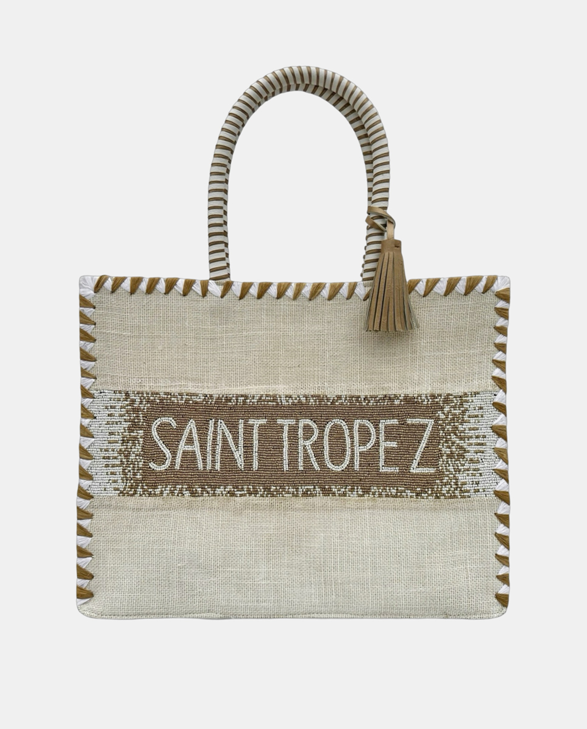 Cesta Grande de Juta com Alças Rígidas e Detalhe da Marca "Saint Tropez". Branco-1