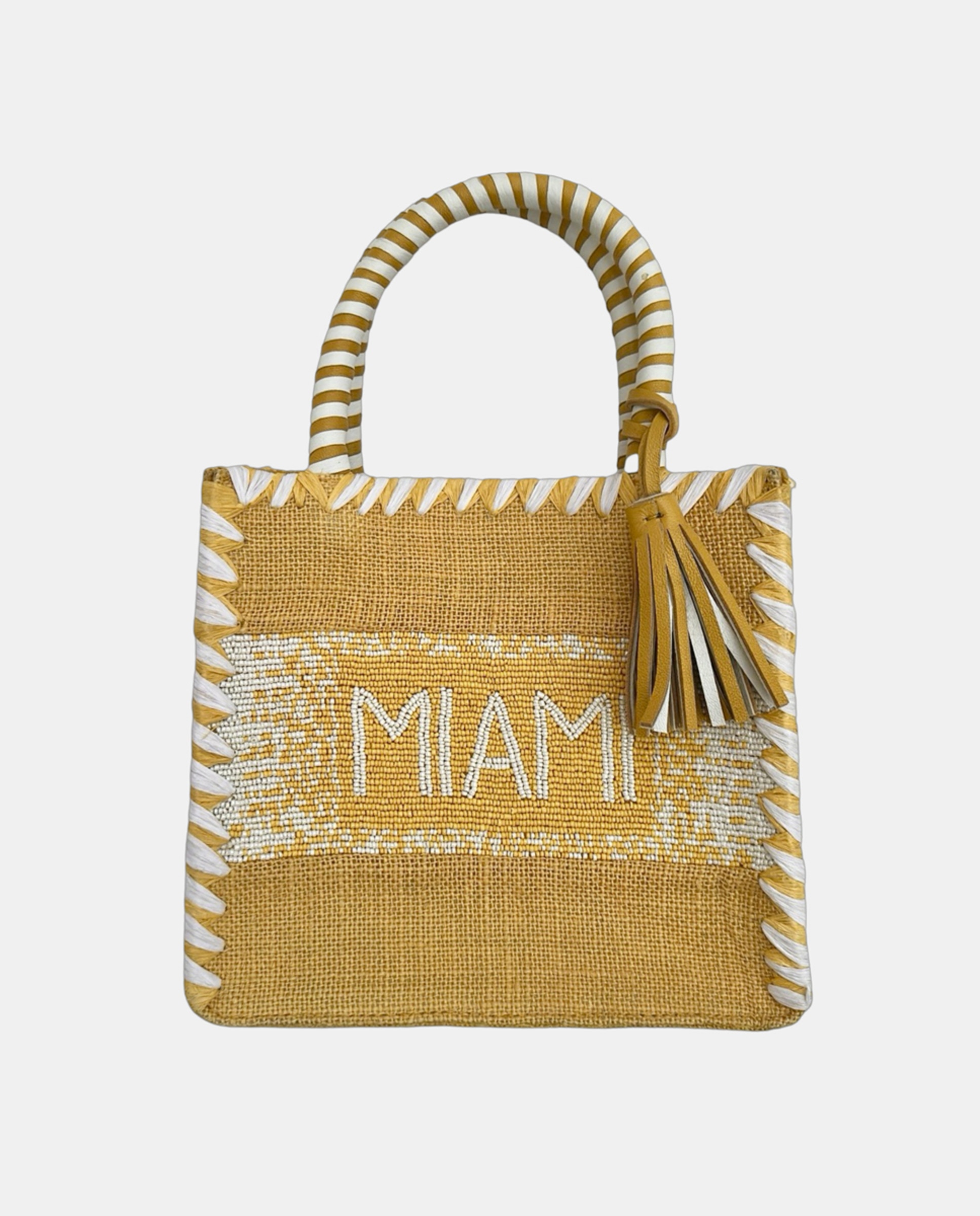 Cesta Pequena de Juta com Alças Rígidas e Detalhe Decorativo "Miami". Amarelo-1
